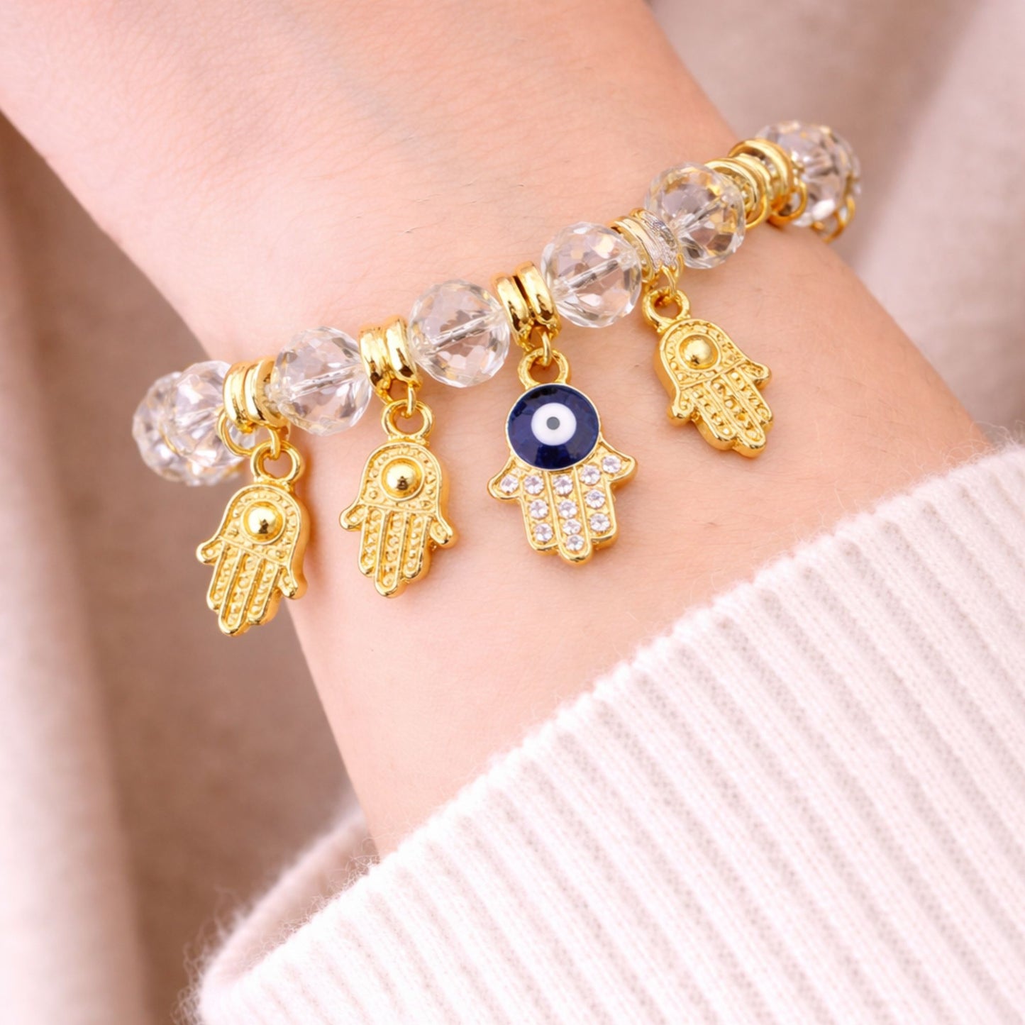 Crystal Beaded Bracelet Hamsa Hand Evil Eye Charm Gold Tone product image 12