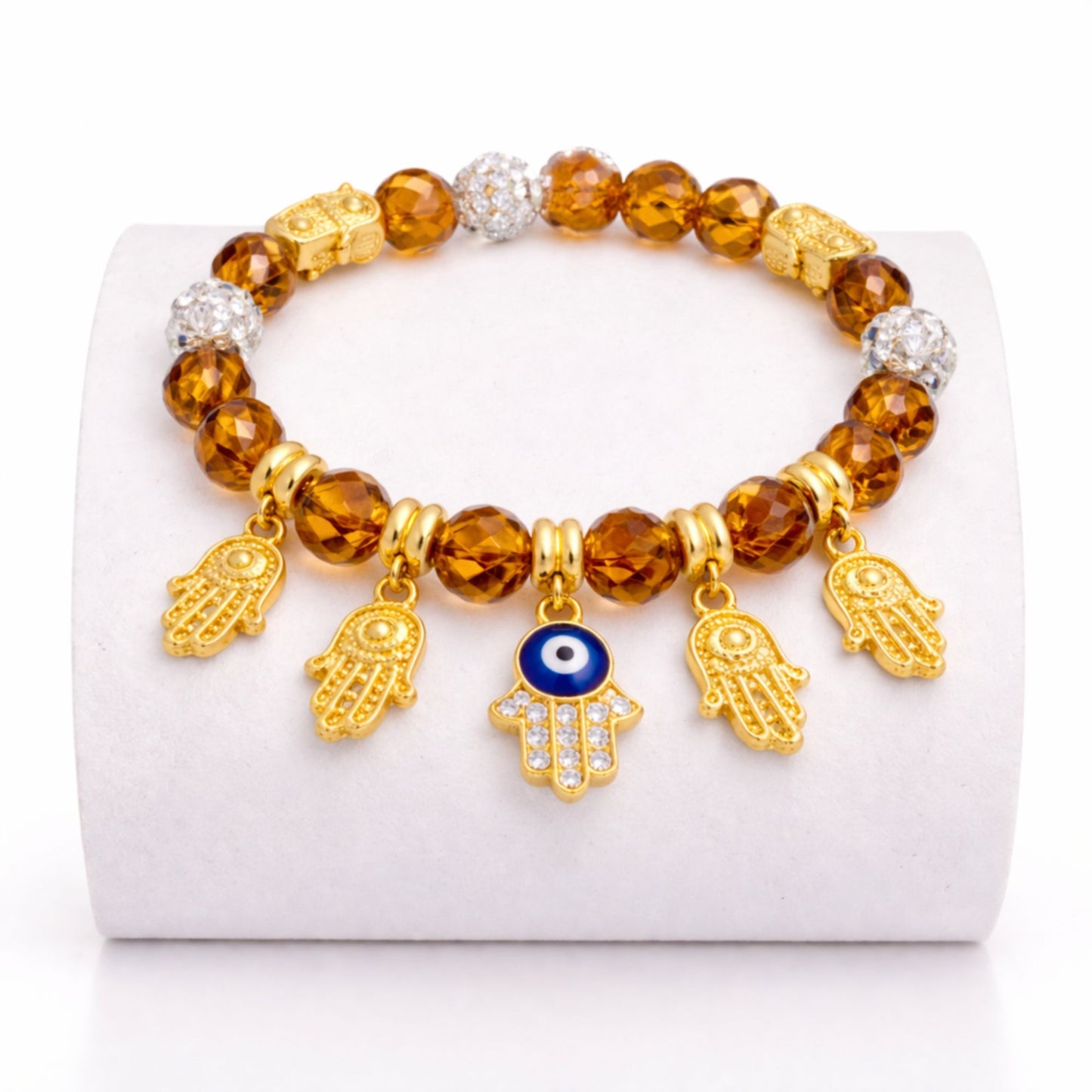 Crystal Beaded Bracelet Hamsa Hand Evil Eye Charm Gold Tone product image 27