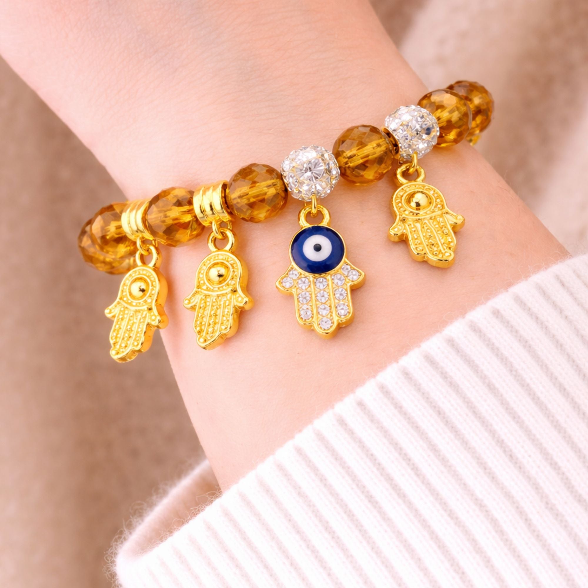 Crystal Beaded Bracelet Hamsa Hand Evil Eye Charm Gold Tone product image 28