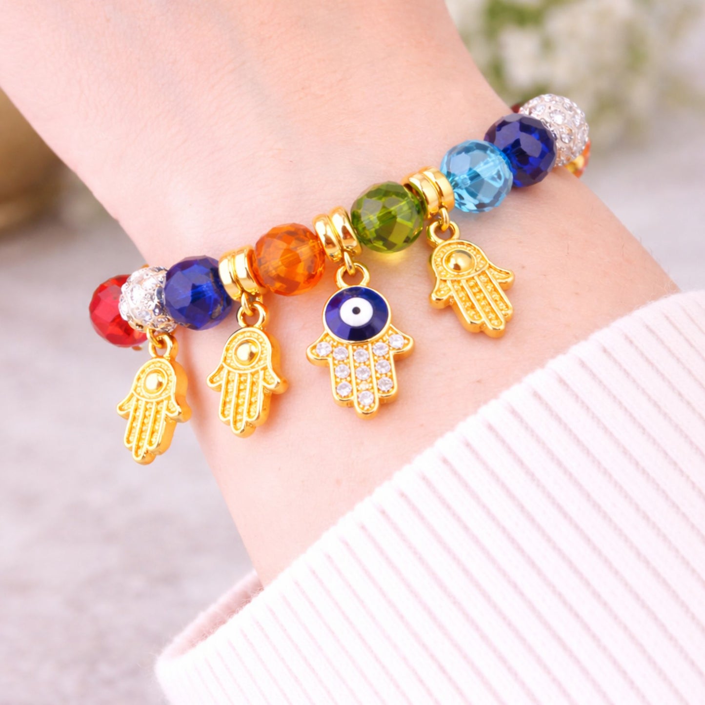 Crystal Beaded Bracelet Hamsa Hand Evil Eye Charm Gold Tone product image 15