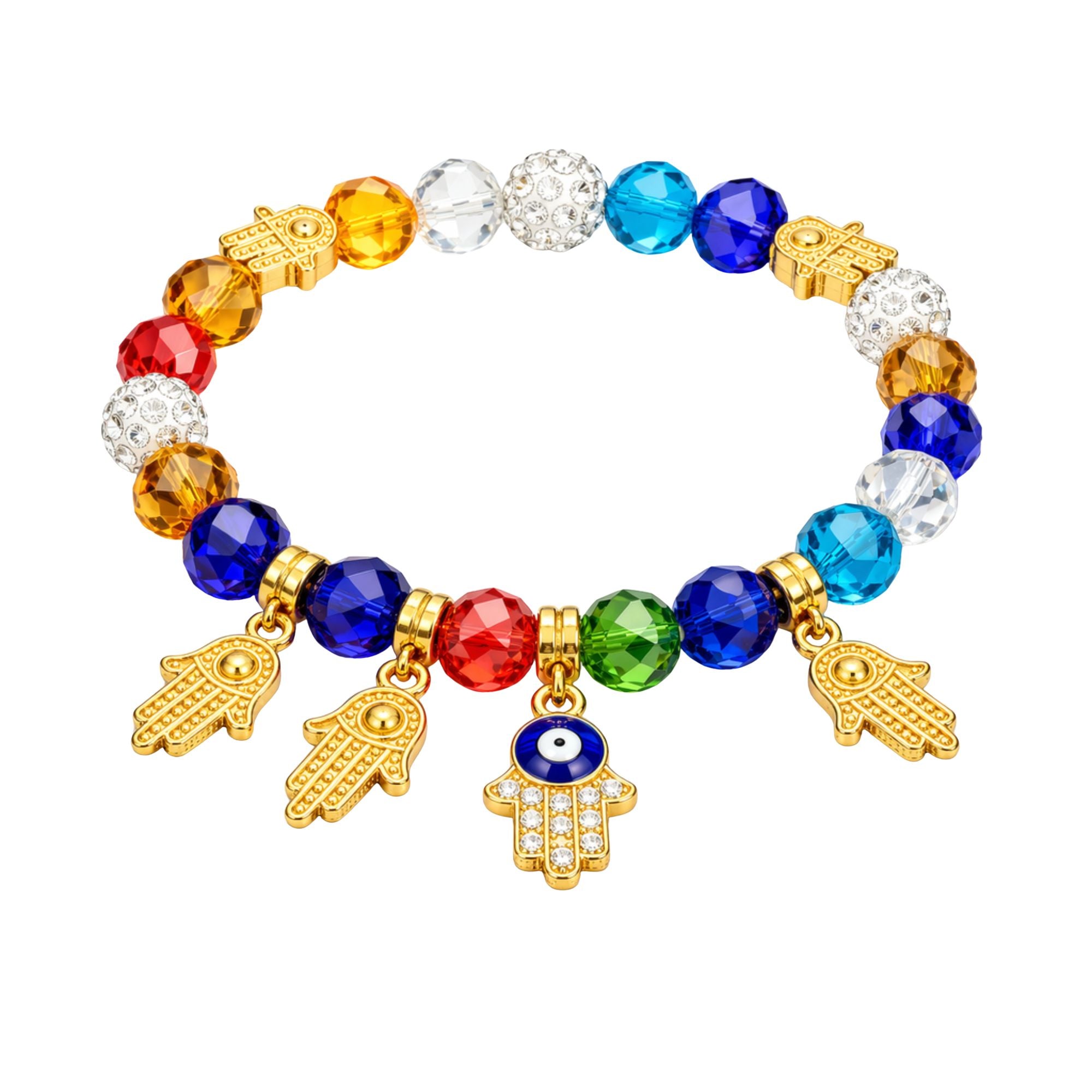 Crystal Beaded Bracelet Hamsa Hand Evil Eye Charm Gold Tone product image 13