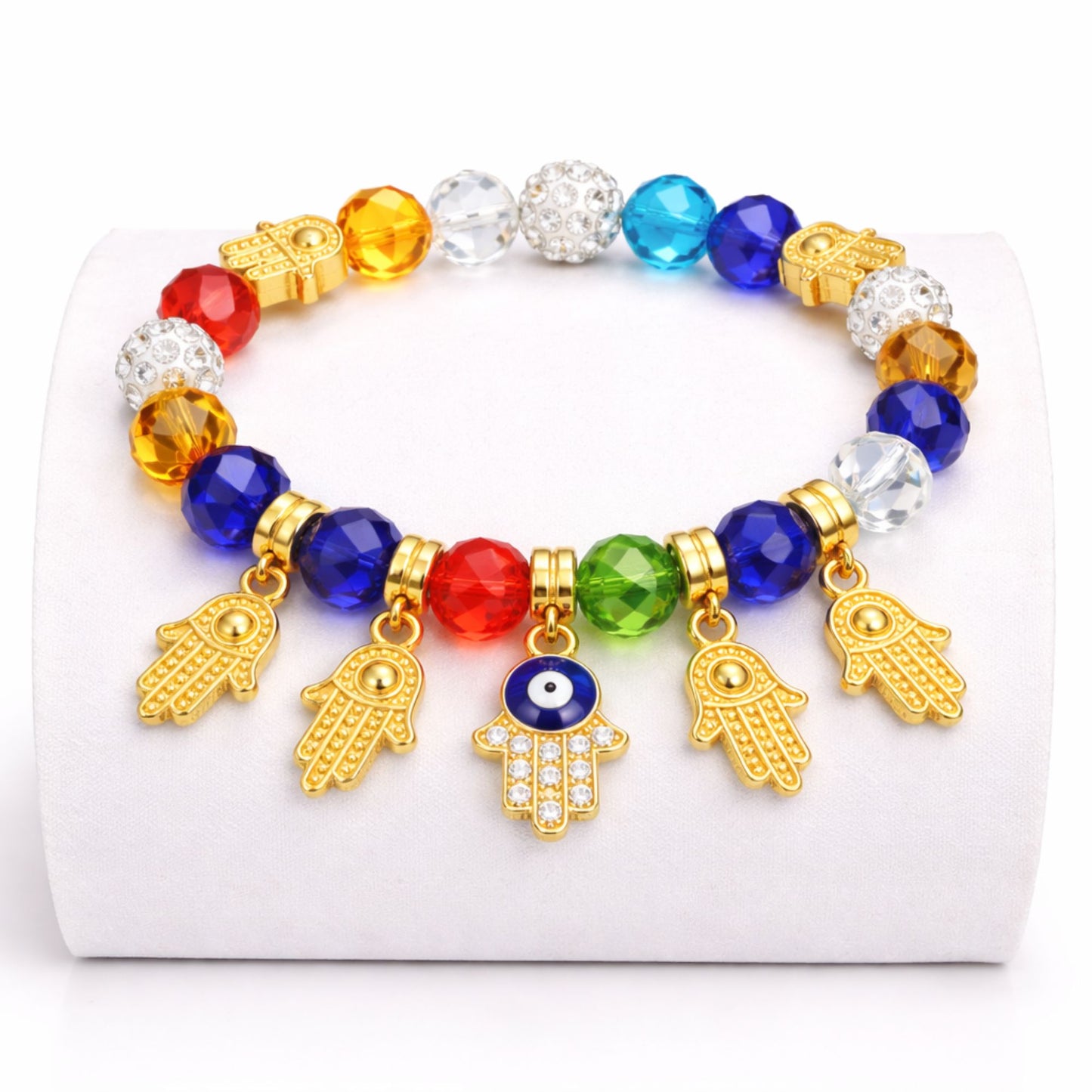Crystal Beaded Bracelet Hamsa Hand Evil Eye Charm Gold Tone product image 14