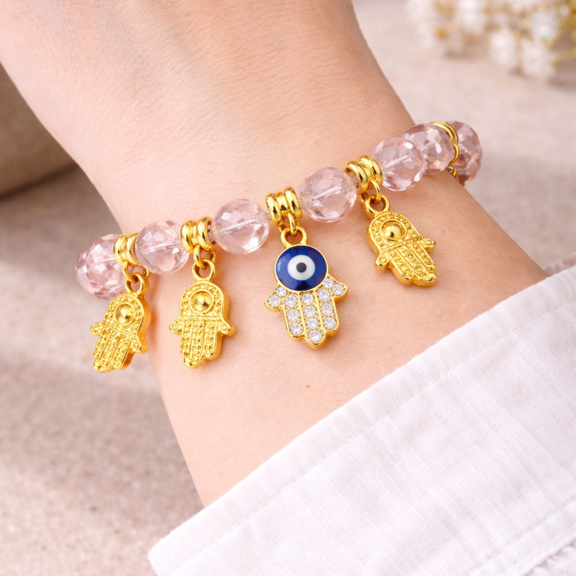Crystal Beaded Bracelet Hamsa Hand Evil Eye Charm Gold Tone product image 18