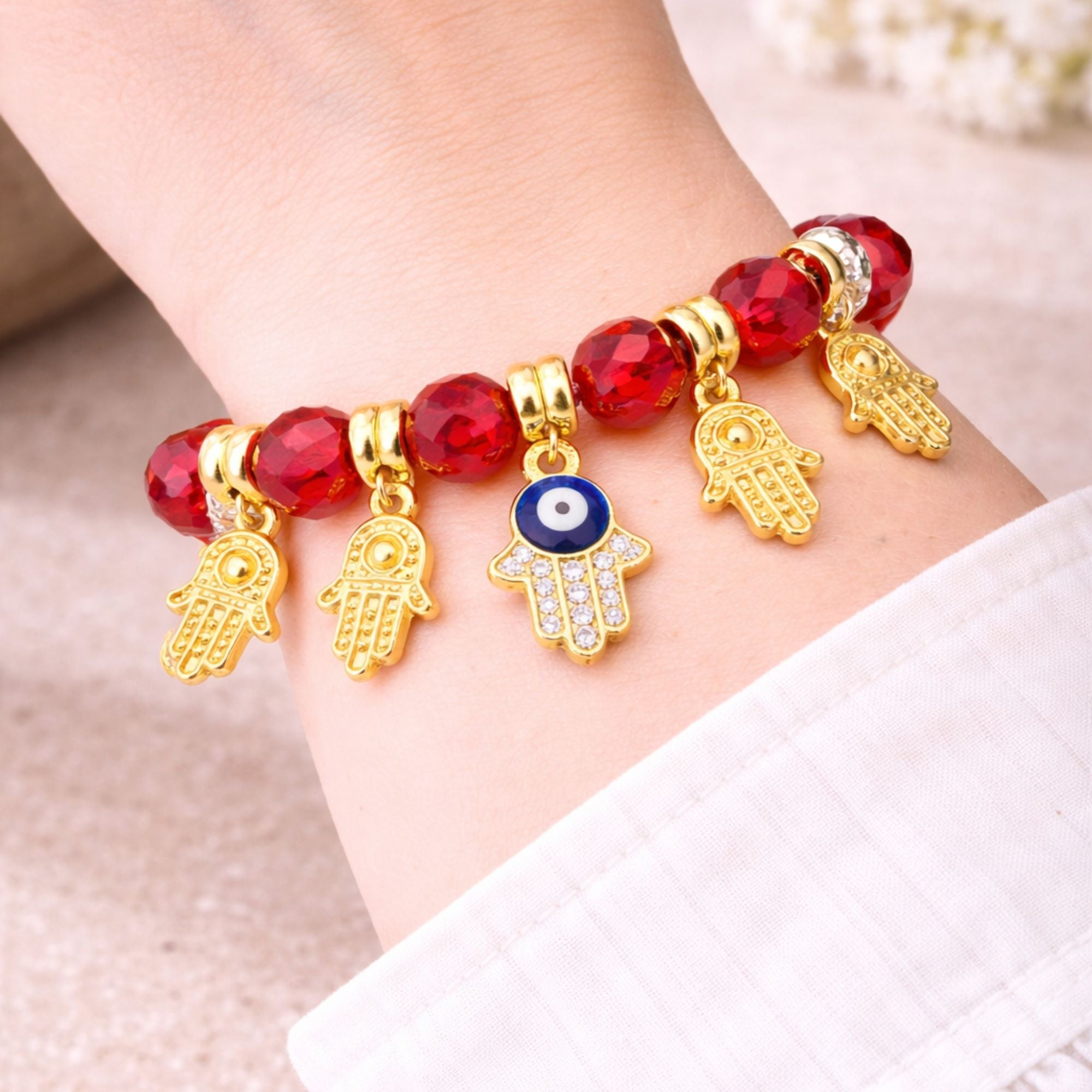 Crystal Beaded Bracelet Hamsa Hand Evil Eye Charm Gold Tone product image 21