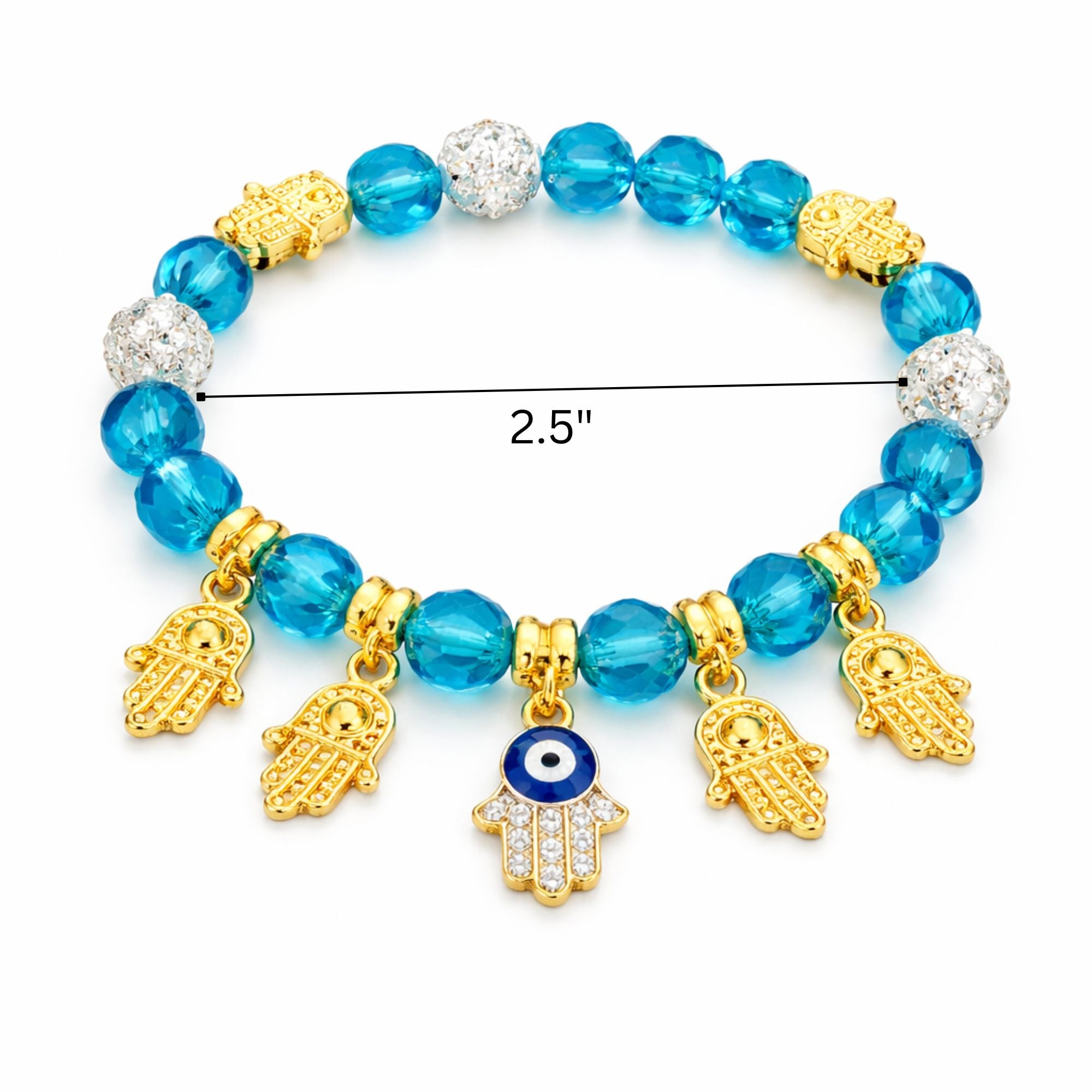 Crystal Beaded Bracelet Hamsa Hand Evil Eye Charm Gold Tone product detail image
