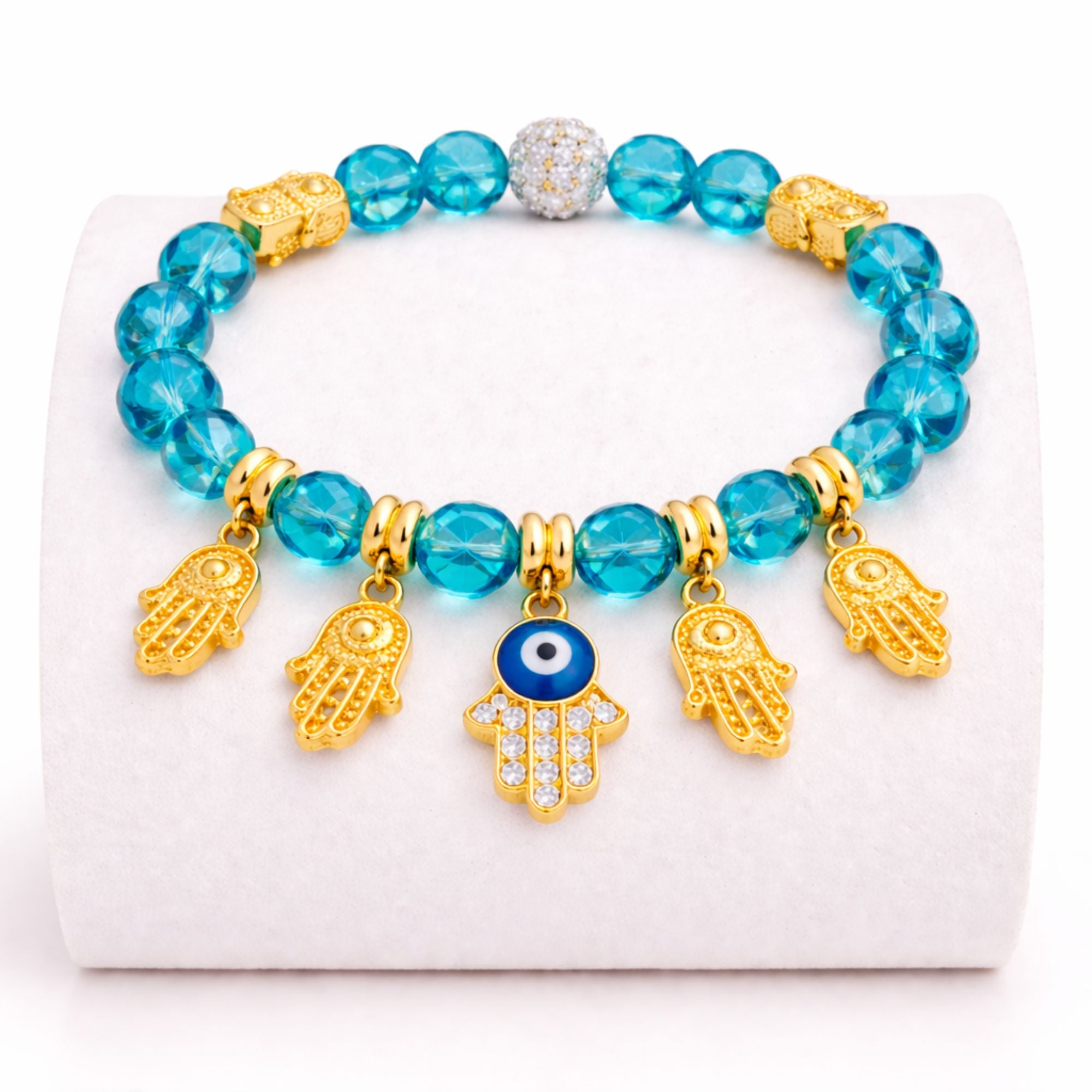 Crystal Beaded Bracelet Hamsa Hand Evil Eye Charm Gold Tone product image 23