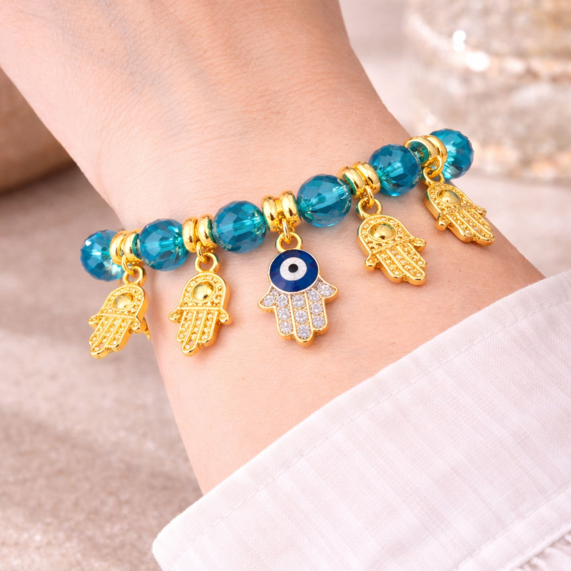 Crystal Beaded Bracelet Hamsa Hand Evil Eye Charm Gold Tone product image 25