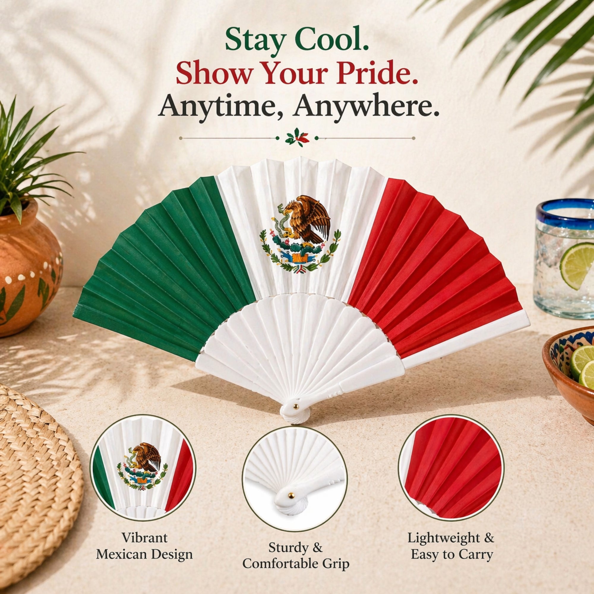 Mexico Flag Folding Hand Fan Portable Cooling Accessory Souvenir product detail image