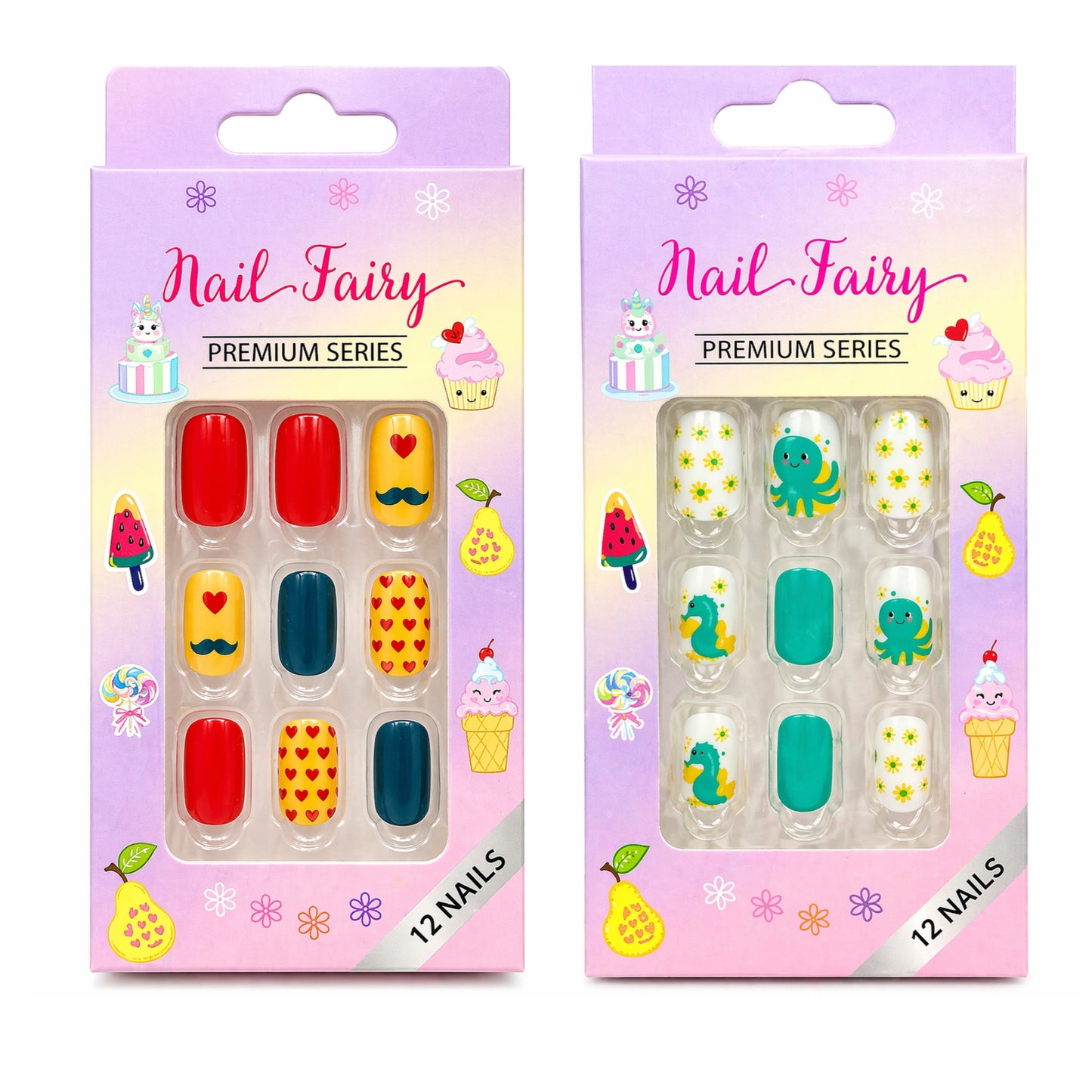 12 Pieces Kids Press On Nails Set with Cute Reusable Designs