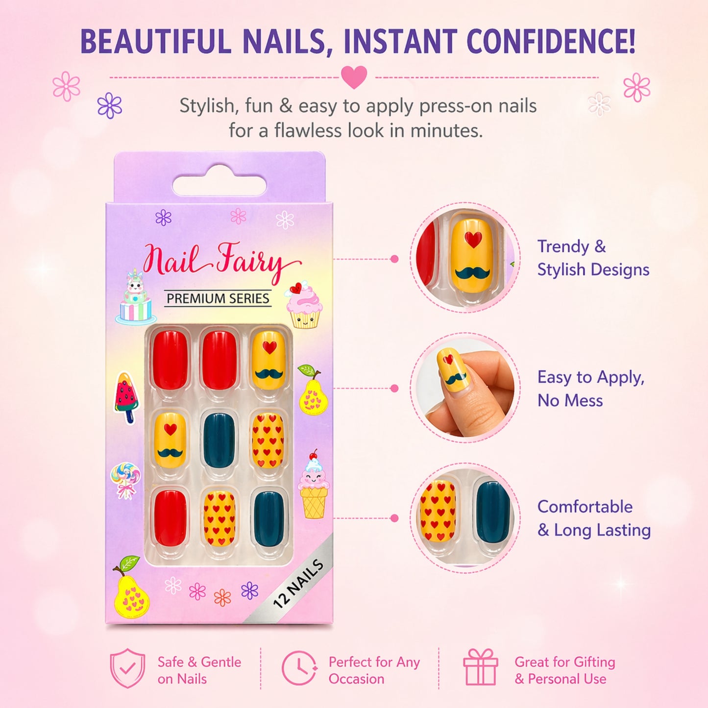 12 Piece Reusable Press On Nails Set for Kids Cute Looks