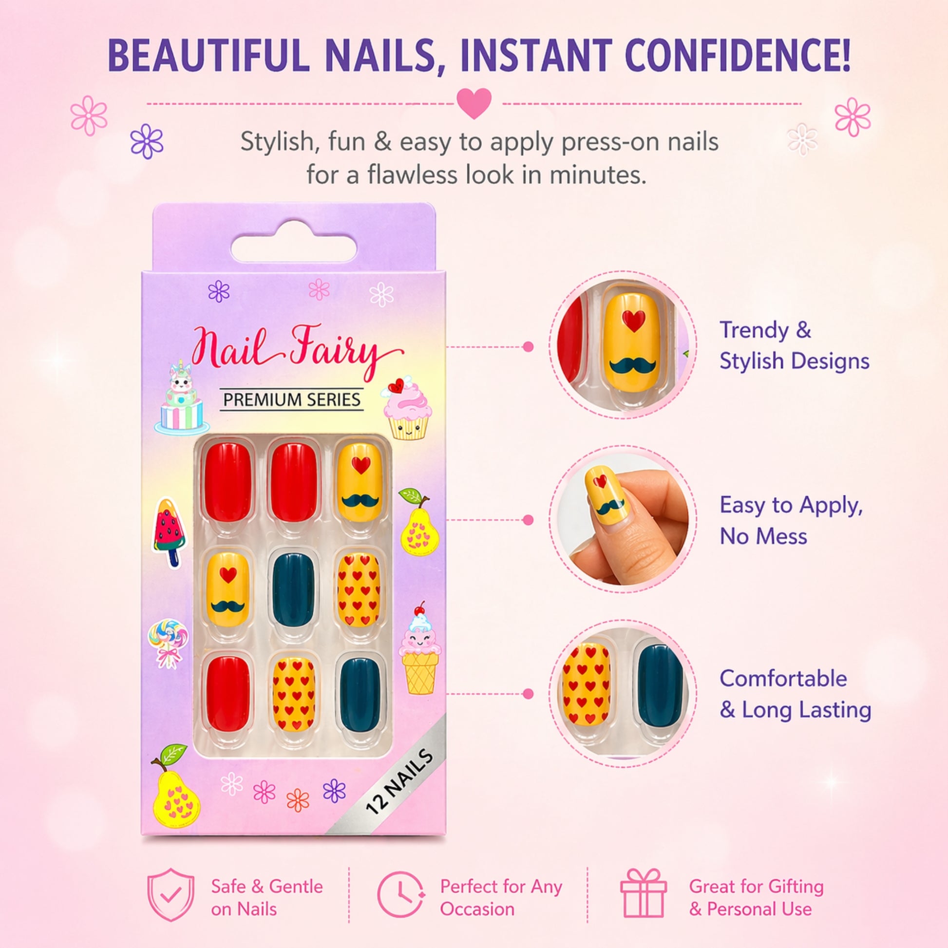 12 Piece Reusable Press On Nails Set for Kids Cute Looks