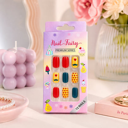 Kids Press On Nail Set 12 Pieces with Cute Reusable Designs