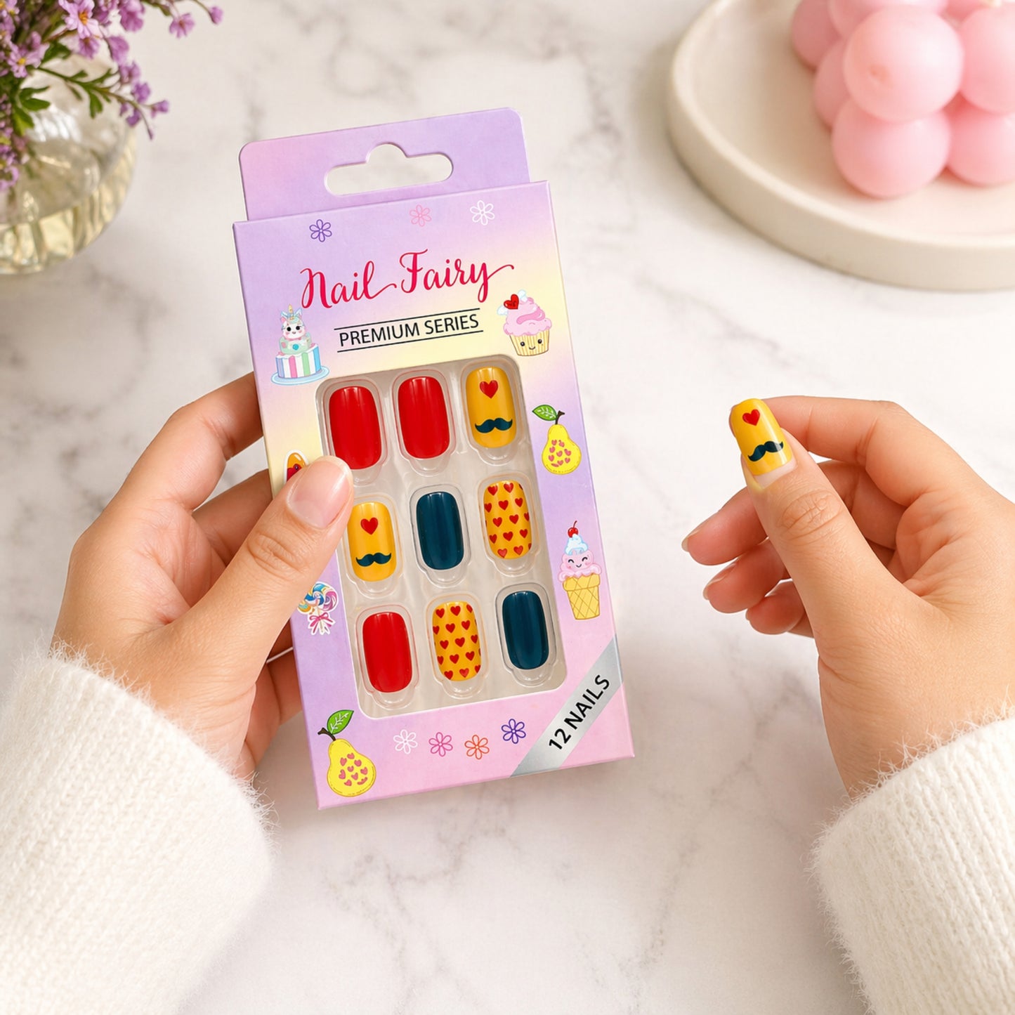 Cute Reusable Kids Press On Nails Set with 12 Pieces