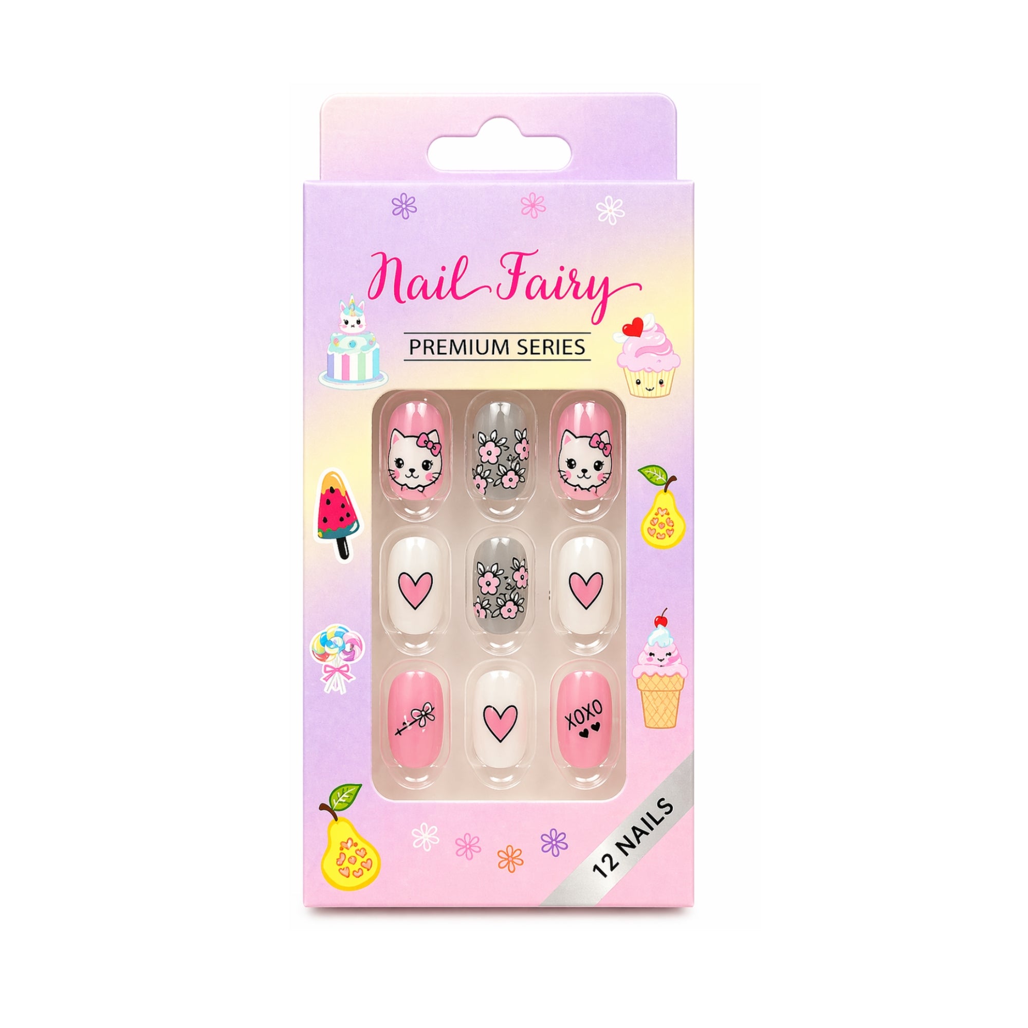 12 Pieces Nails Set Kids Press Cute Reusable Designs Artificial Nails main product image