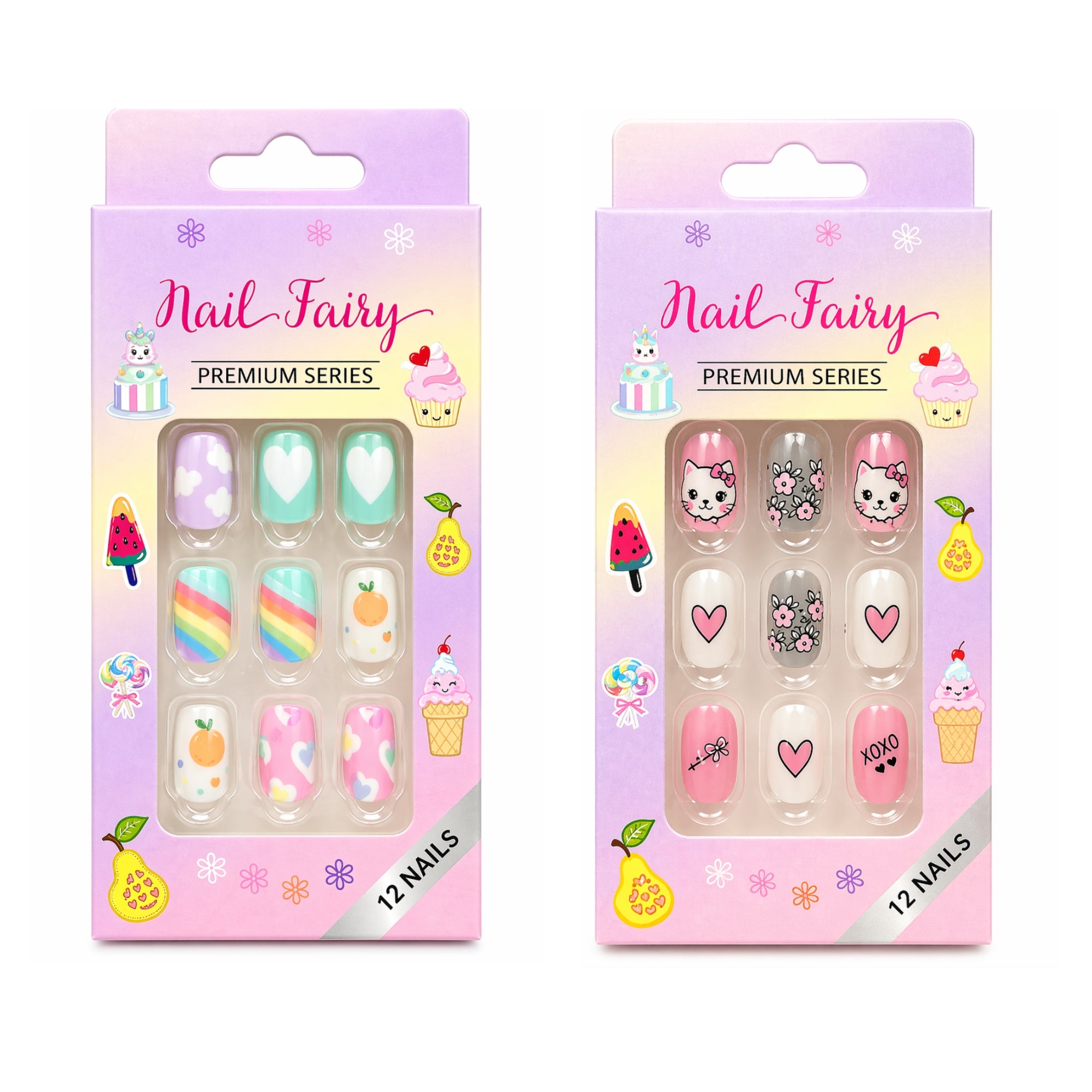 12 Pieces Nails Set Kids Press Cute Reusable Designs Artificial Nails size and feature image