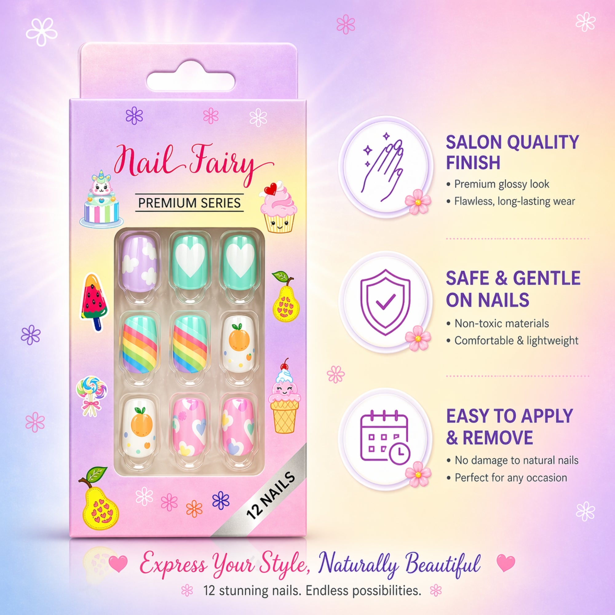 12 Pieces Nails Set Kids Press Cute Reusable Designs Artificial Nails product image 5