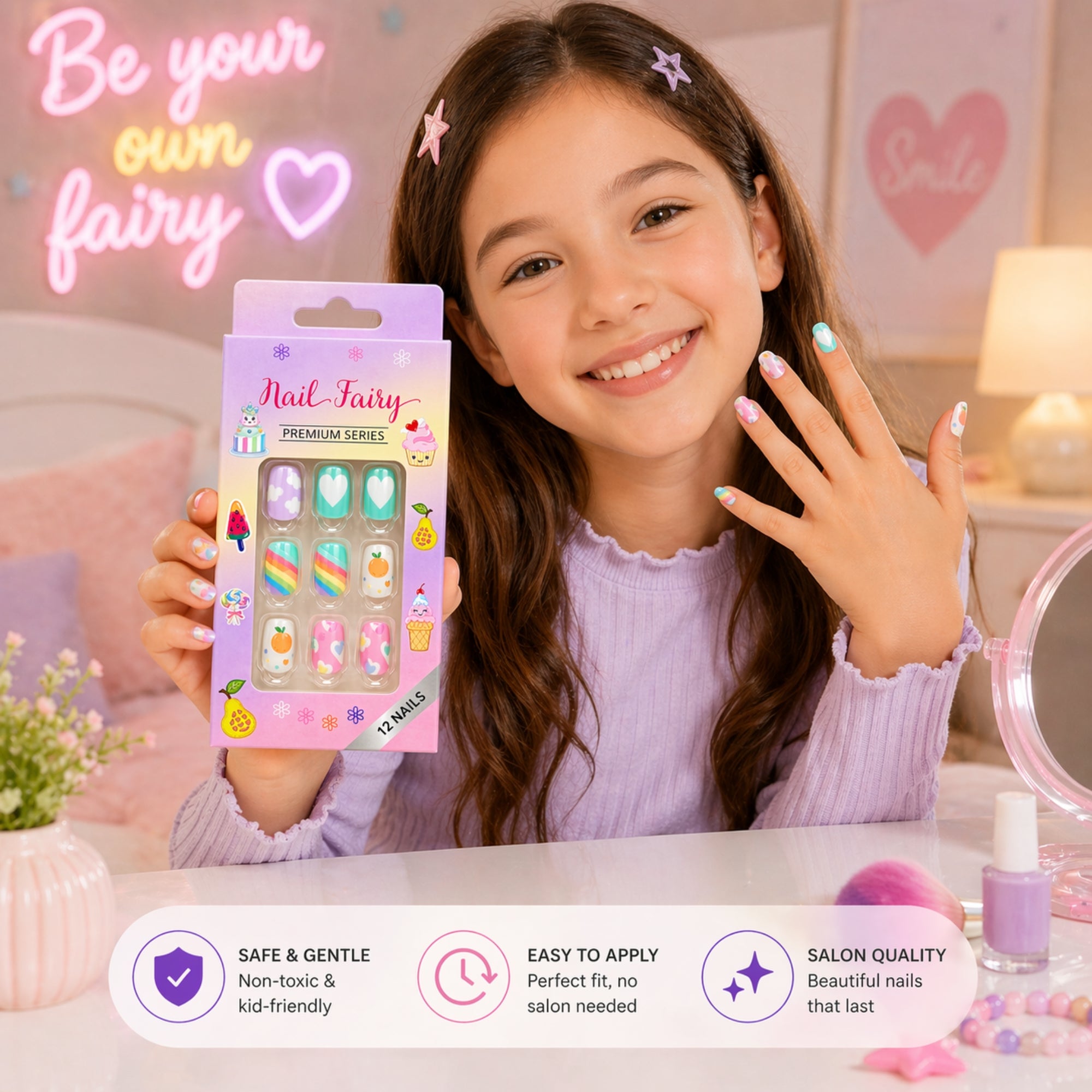 12 Pieces Nails Set Kids Press Cute Reusable Designs Artificial Nails product image 6