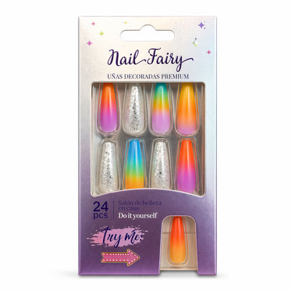24 PCS Nail Fairy Rainbow Ombre Press On Artificial Nails Set