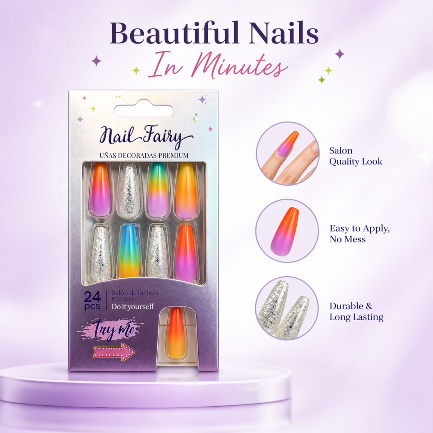 Nail Fairy 24 PCS Rainbow Ombre Press On Artificial Nails Set