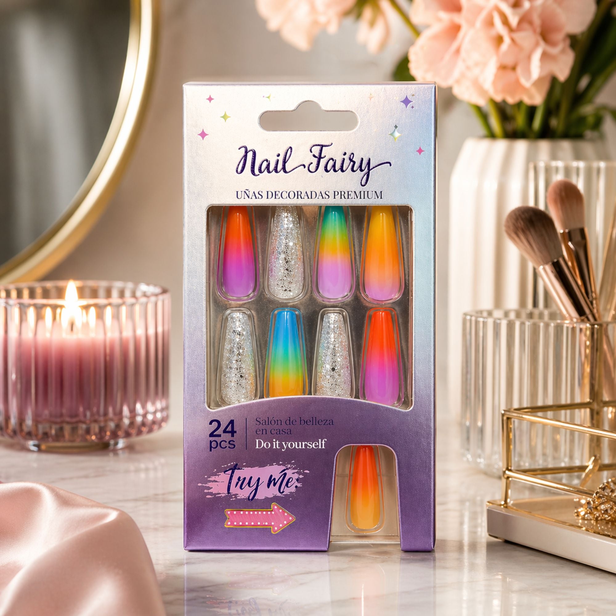 24 PCS Nail Fairy Rainbow Ombre Press On Artificial Nails size and feature image