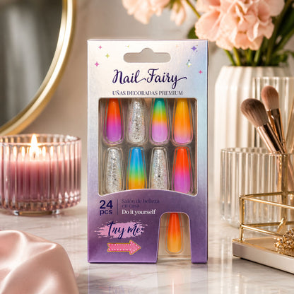 24 PCS Rainbow Ombre Nail Fairy Press On Artificial Nails Set