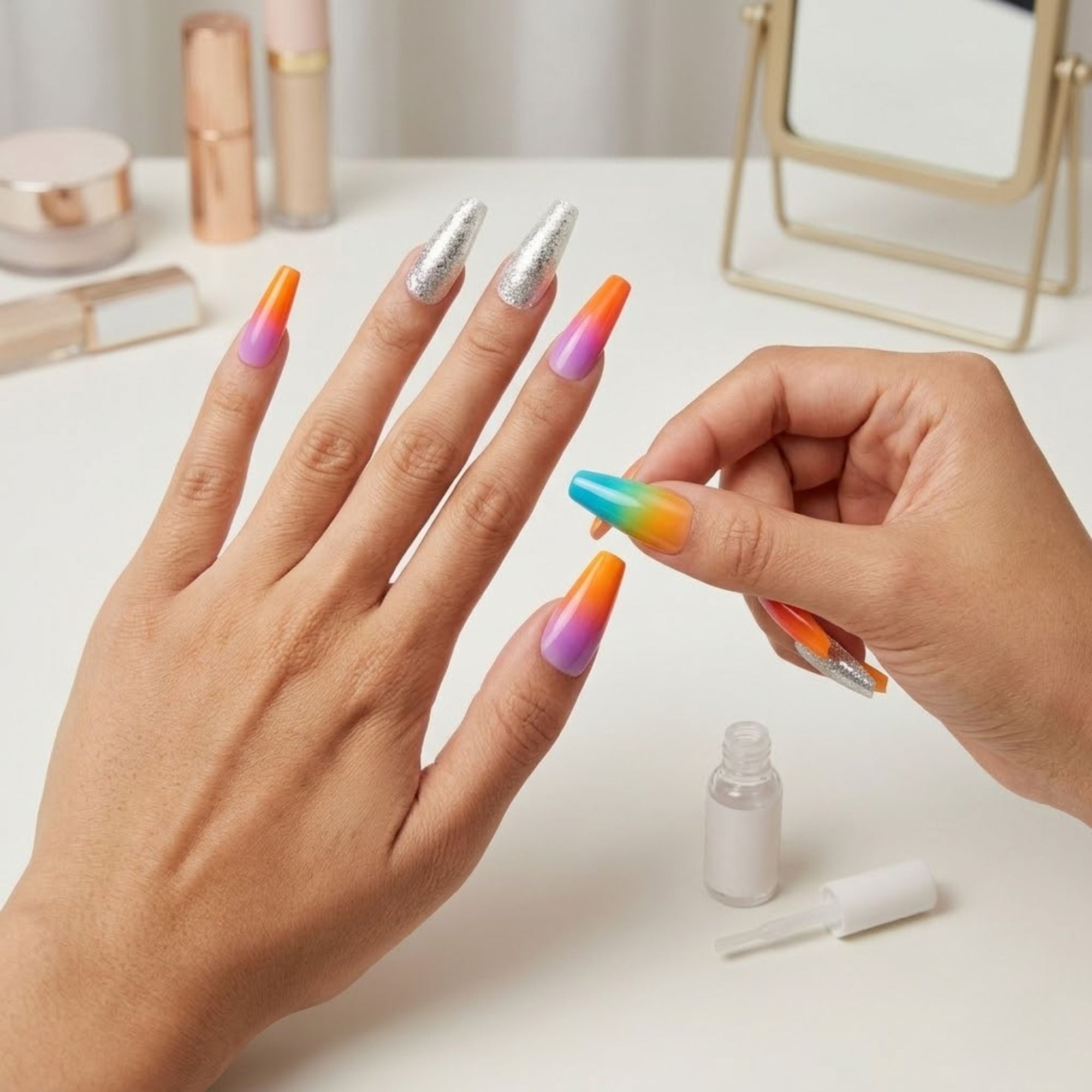24 PCS Nail Fairy Rainbow Ombre Press On Artificial Nails lifestyle use image