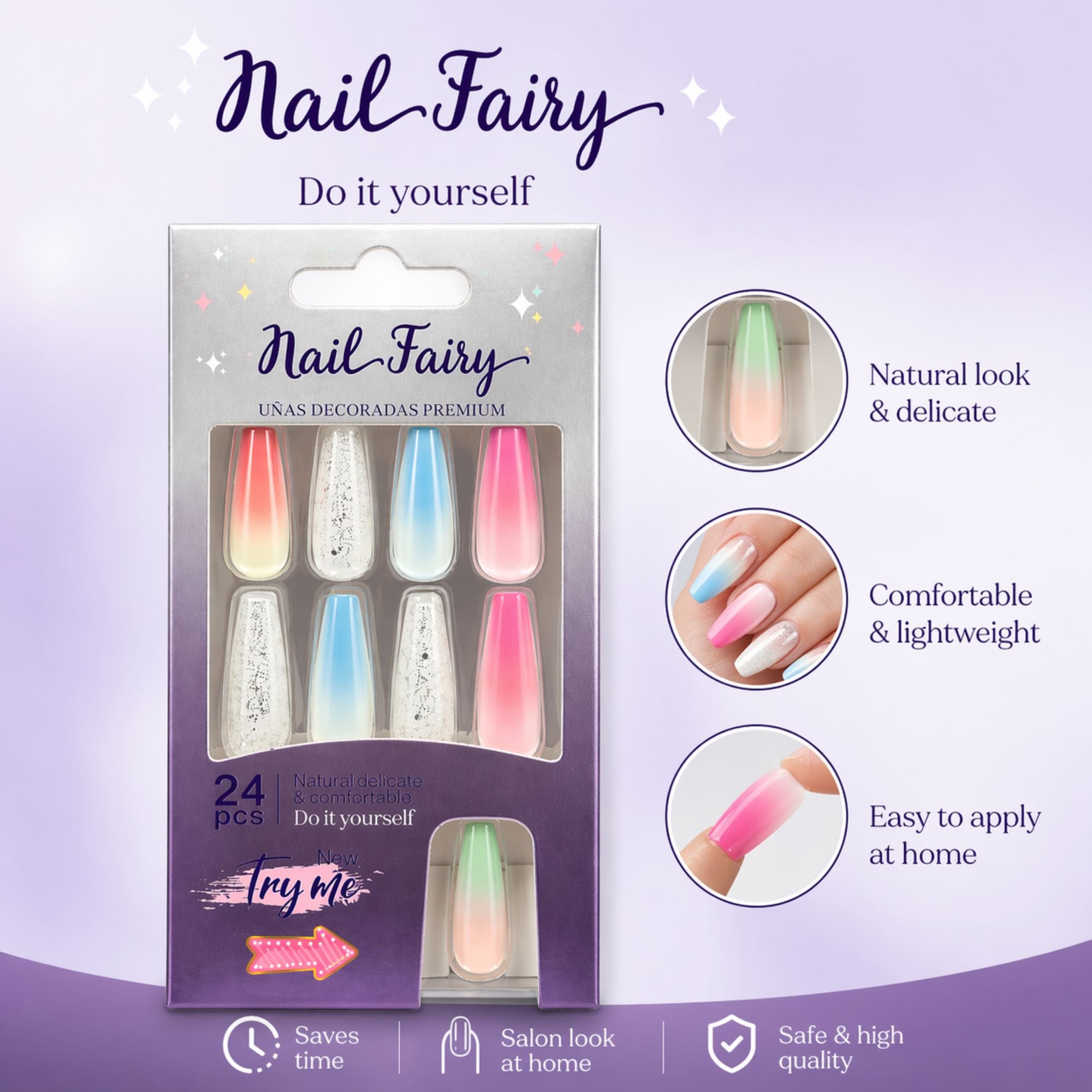 24 PCS Nail Fairy Pastel Ombre Artificial Nails Set product detail image