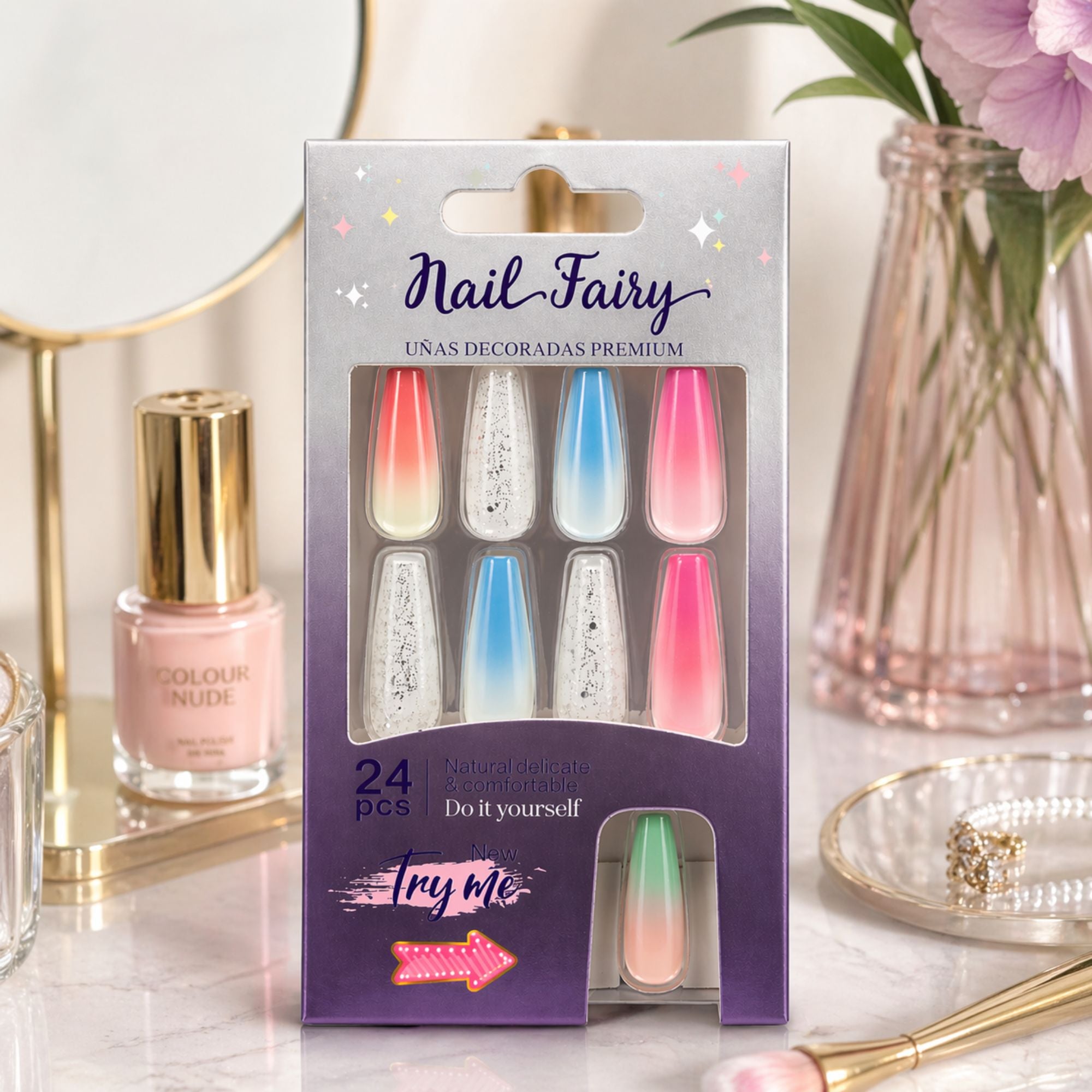 24 PCS Nail Fairy Pastel Ombre Artificial Nails Set size and feature image