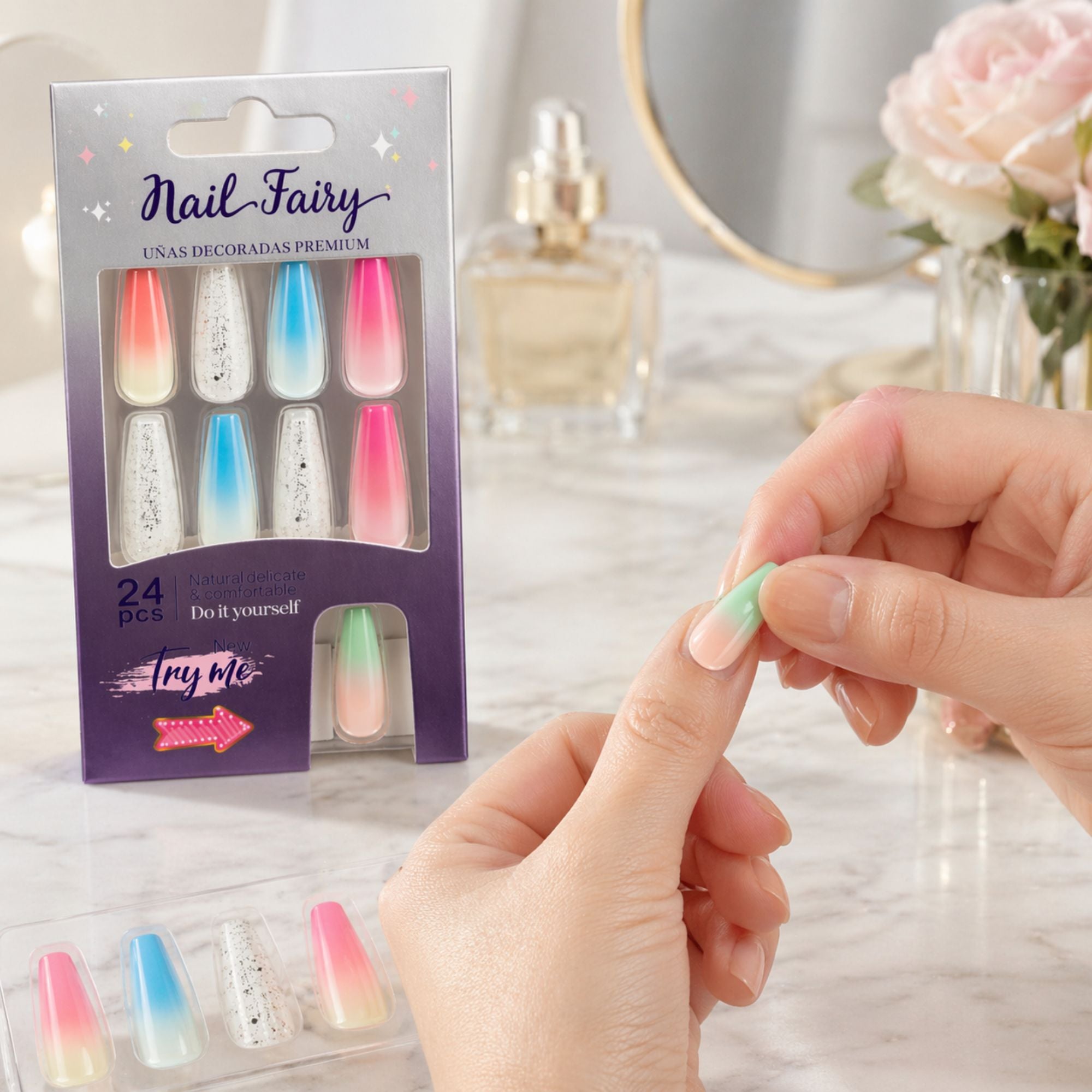 24 PCS Nail Fairy Pastel Ombre Artificial Nails Set lifestyle use image