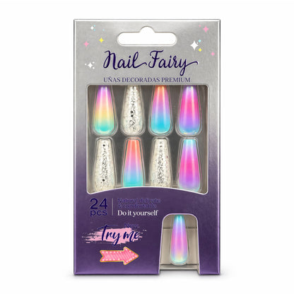 24 PCS Nail Fairy Rainbow Gloss Artificial Nails Set