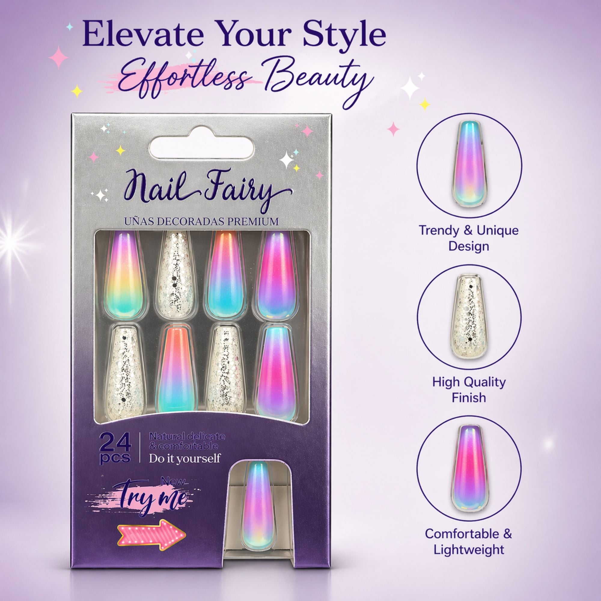24 PCS Nail Fairy Rainbow Gloss Artificial Nails Set product detail image