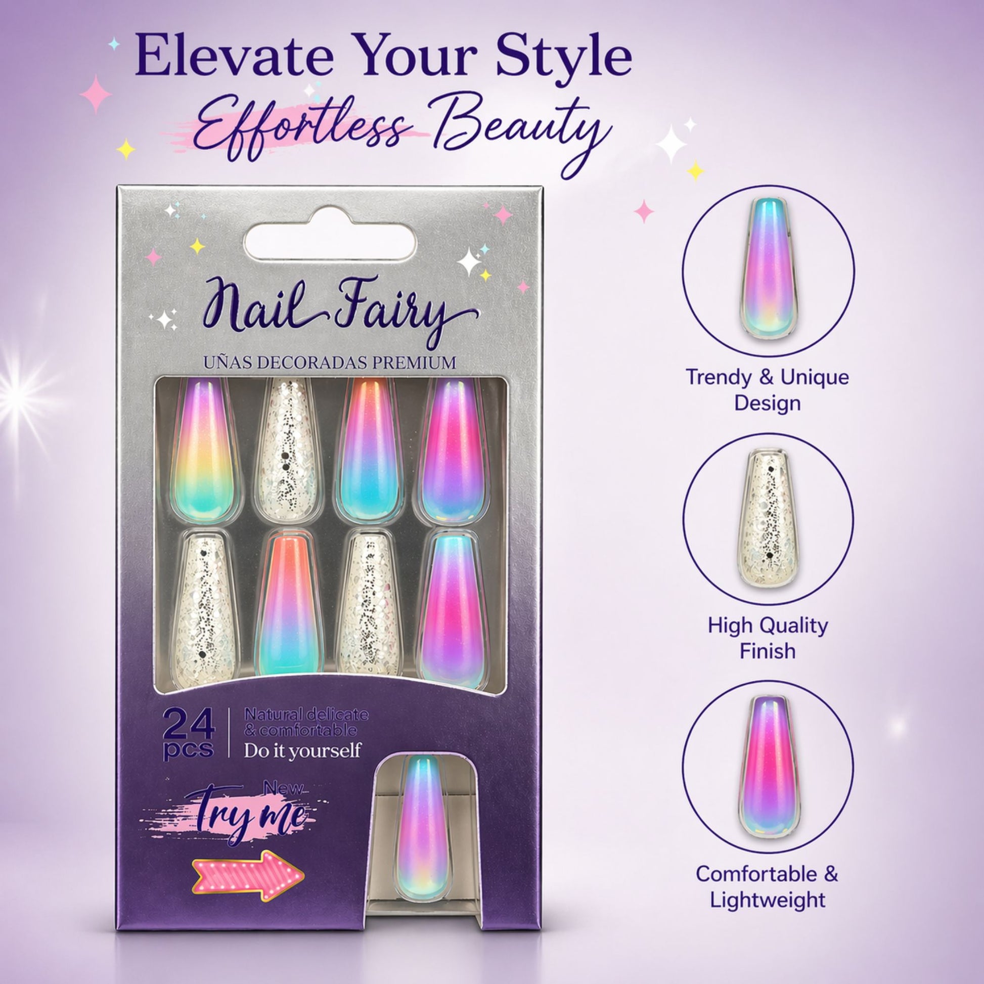 Nail Fairy 24 PCS Rainbow Gloss Artificial Nails Set