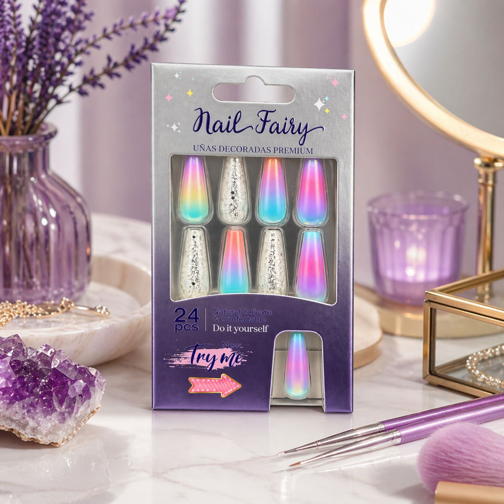 24 PCS Nail Fairy Rainbow Gloss Artificial Nails Set size and feature image