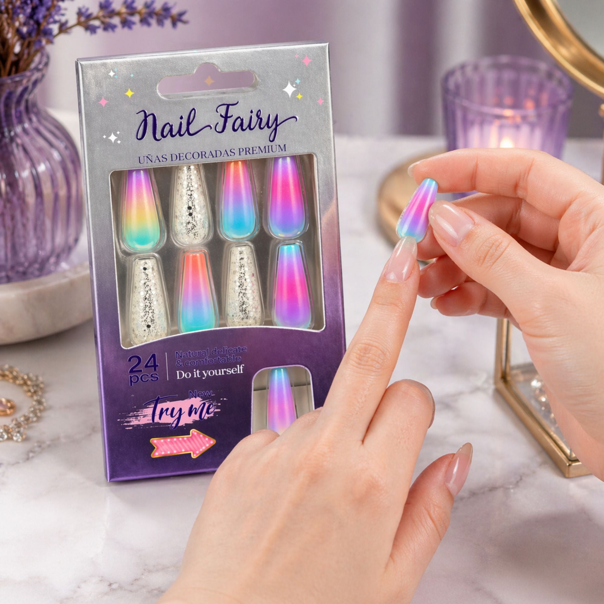 24 PCS Nail Fairy Rainbow Gloss Artificial Nails Set lifestyle use image