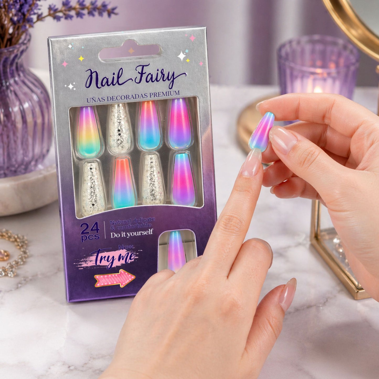 Nail Fairy Artificial Nails 24 PCS Rainbow Gloss Set