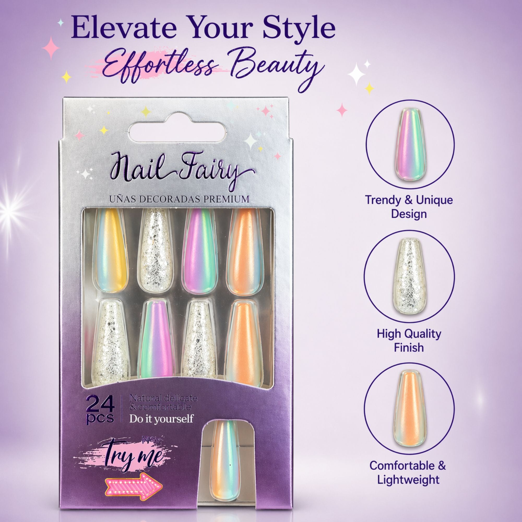 24 PCS Nail Fairy Chrome Ombre Artificial Nails Set product detail image