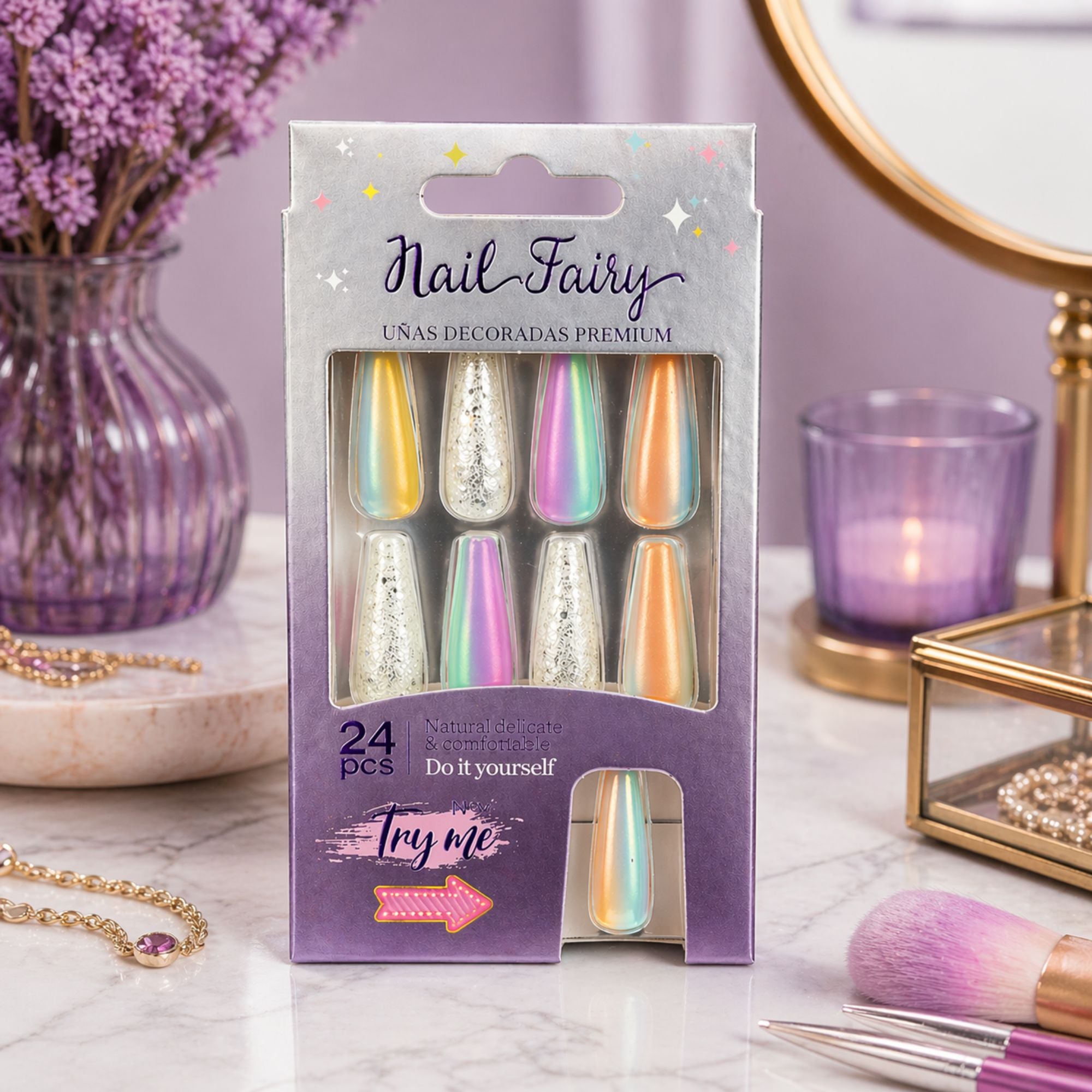 24 PCS Nail Fairy Chrome Ombre Artificial Nails Set size and feature image
