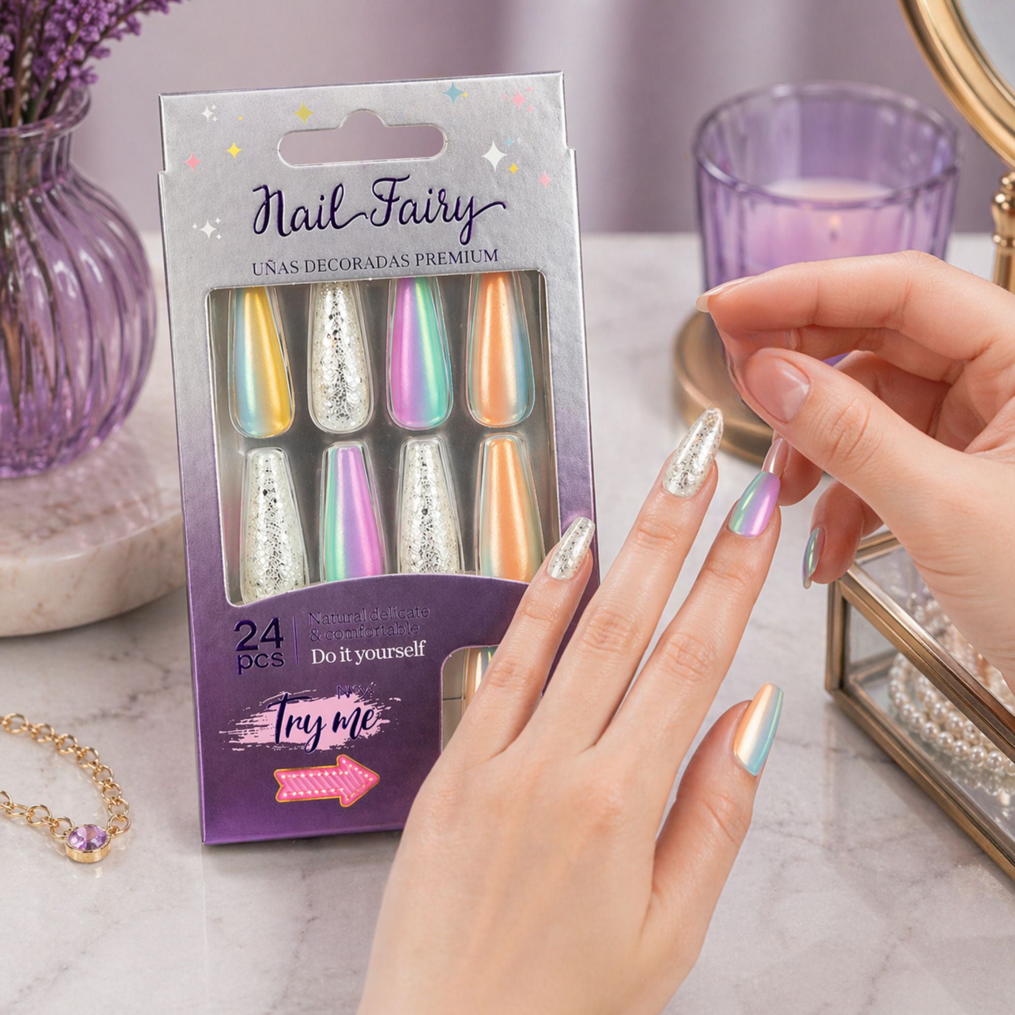24 PCS Nail Fairy Chrome Ombre Artificial Nails Set lifestyle use image