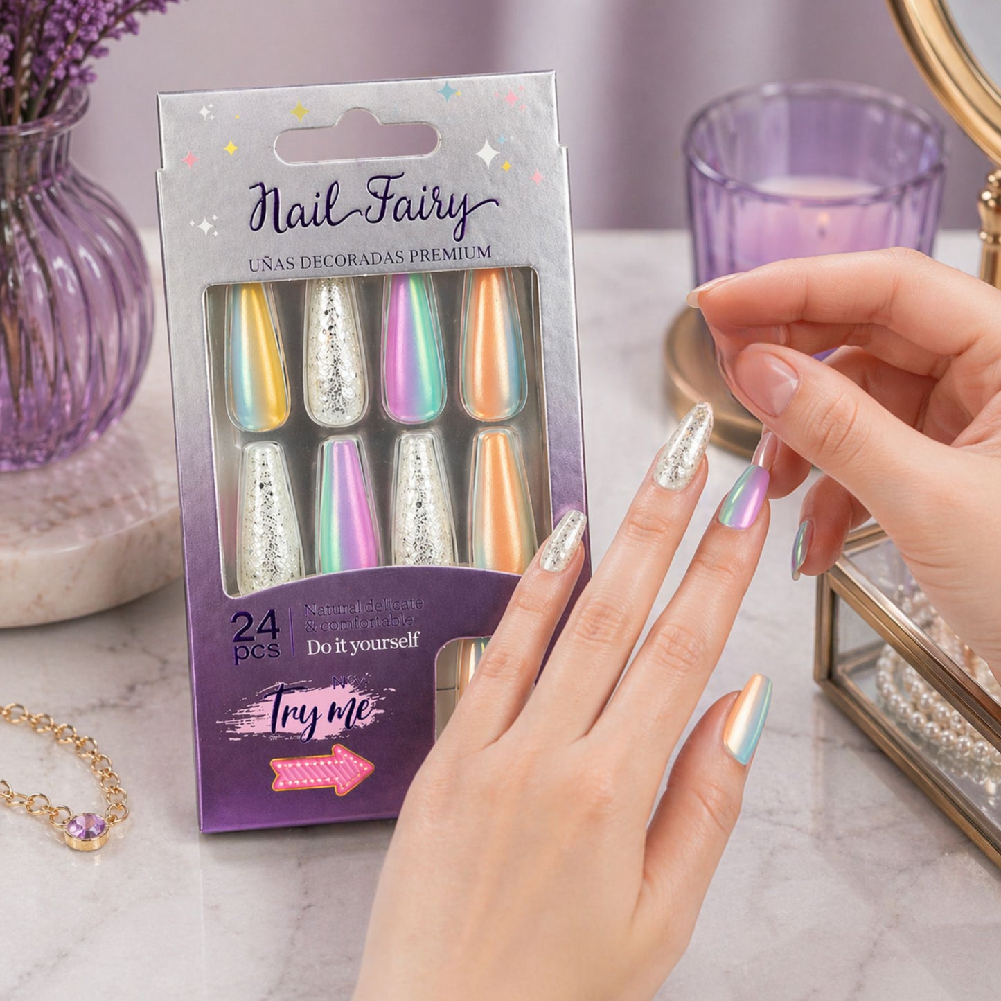 24 PCS Nail Fairy Chrome Ombre Press On Artificial Nails Set