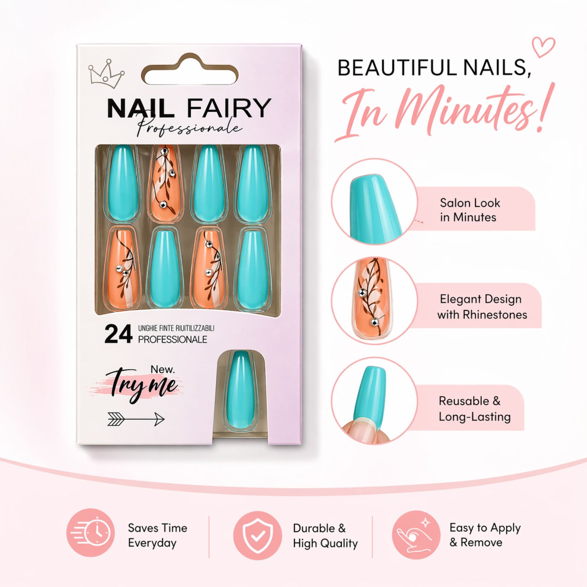 Nail Fairy 24 PCS Floral Design Artificial Nails Set