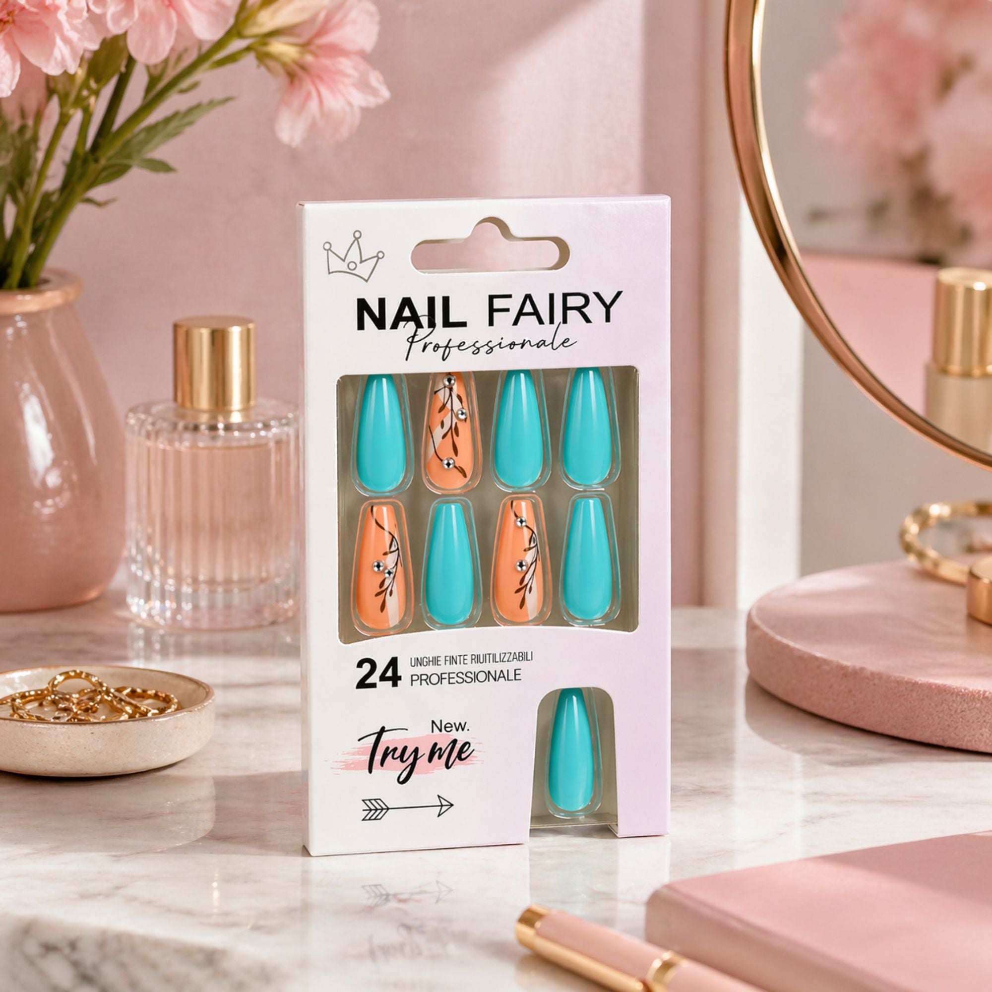 24 PCS Nail Fairy Floral Design Artificial Nails Set size and feature image
