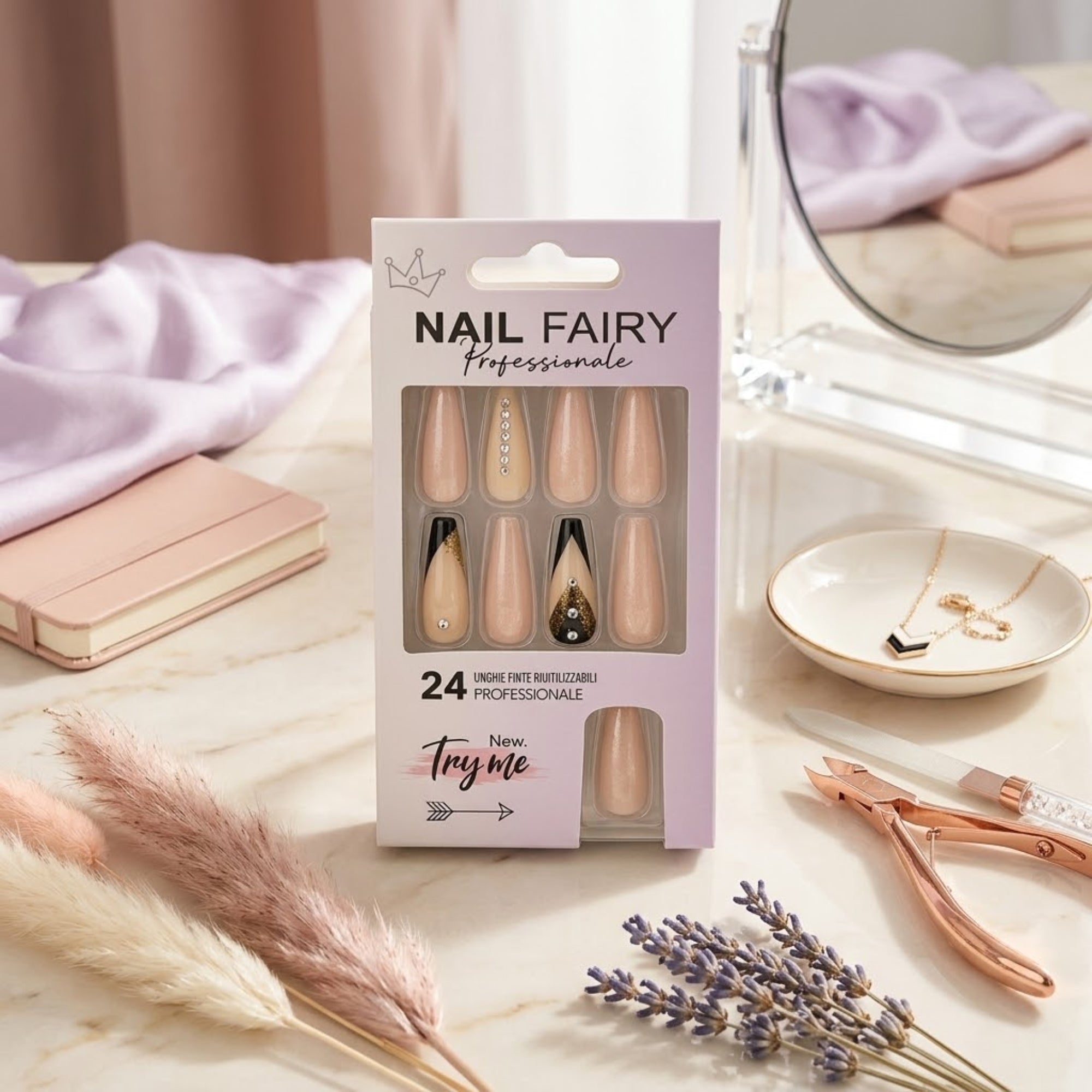 24 PCS Press On Nails Set Long Coffin Reusable Designer Style Artificial Nails size and feature image