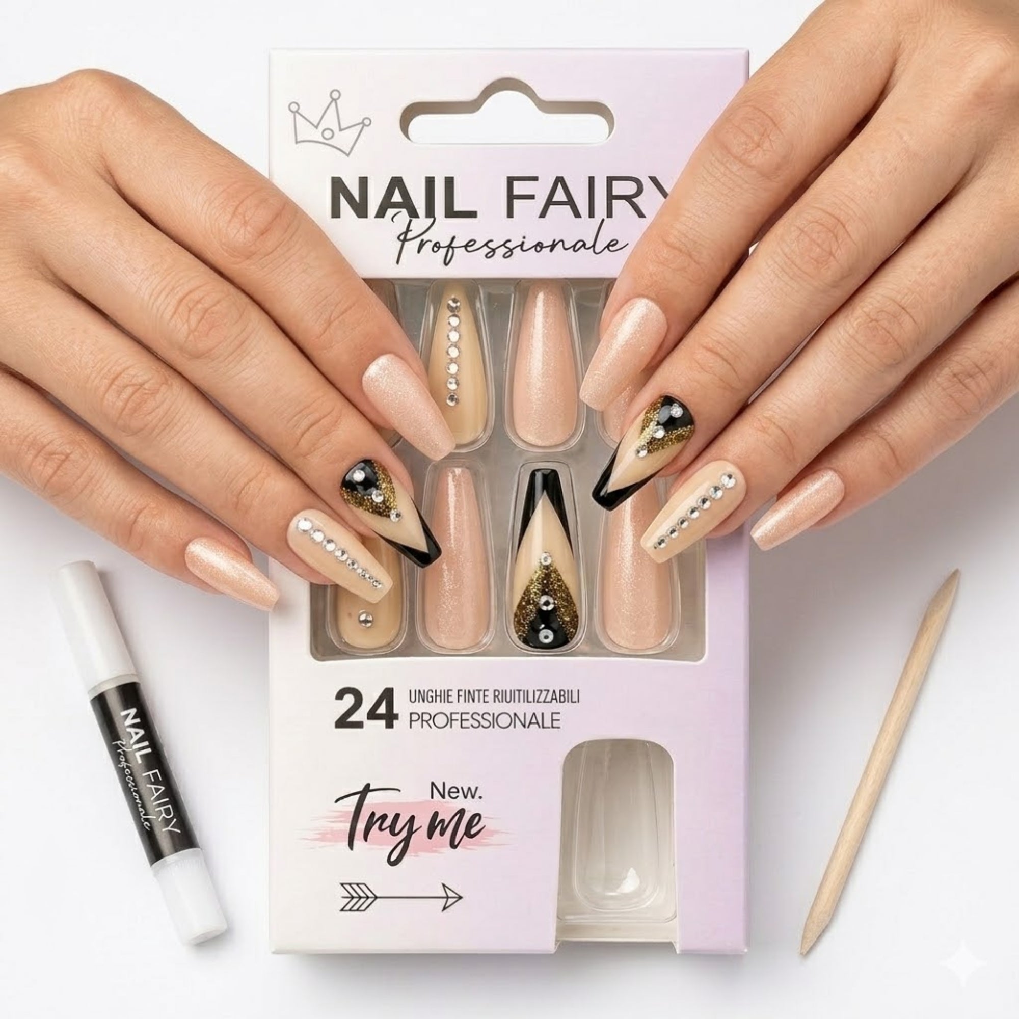 24 PCS Press On Nails Set Long Coffin Reusable Designer Style Artificial Nails lifestyle use image