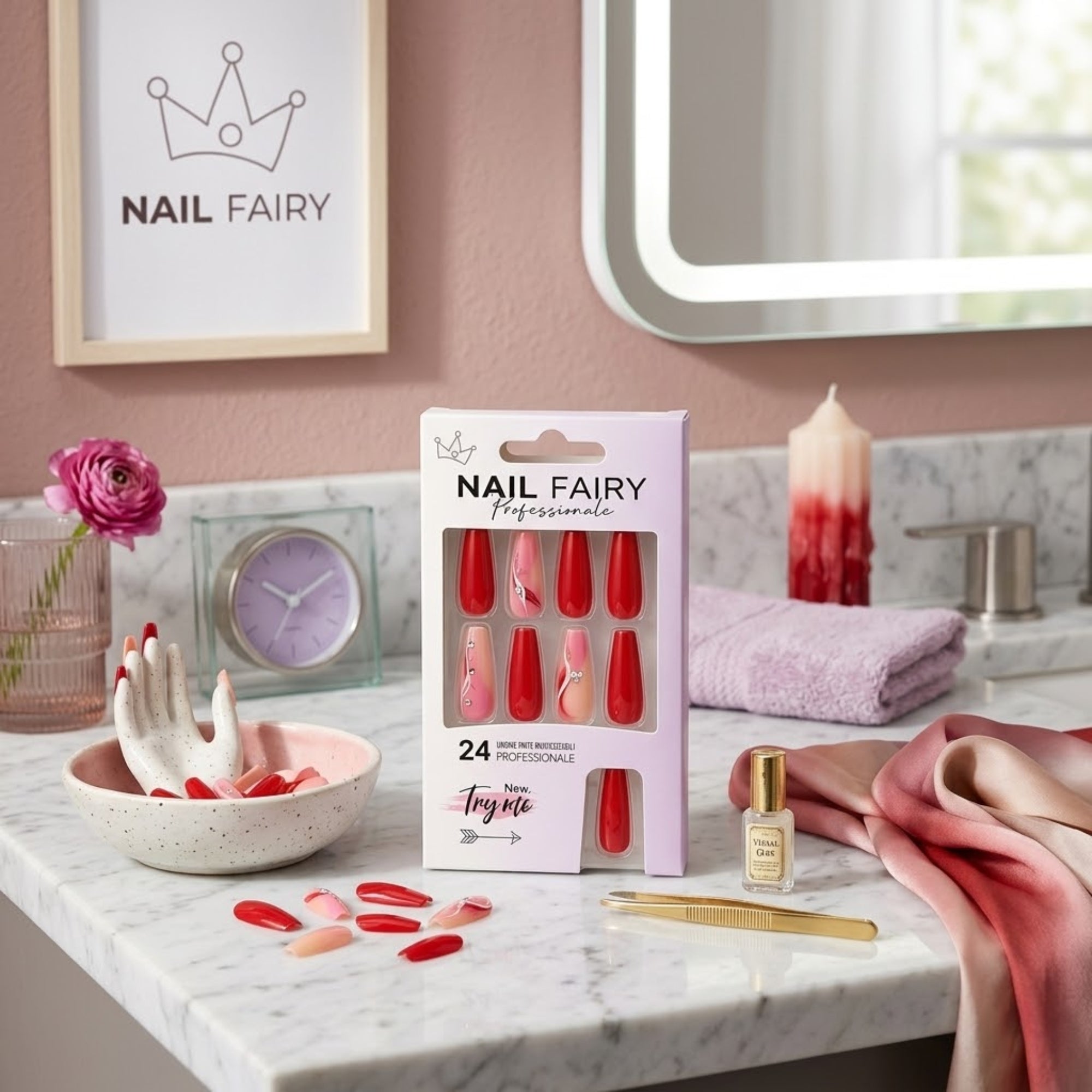 24 PCS Press On Nails Kit Reusable Salon Style Easy Apply Set Artificial Nails size and feature image