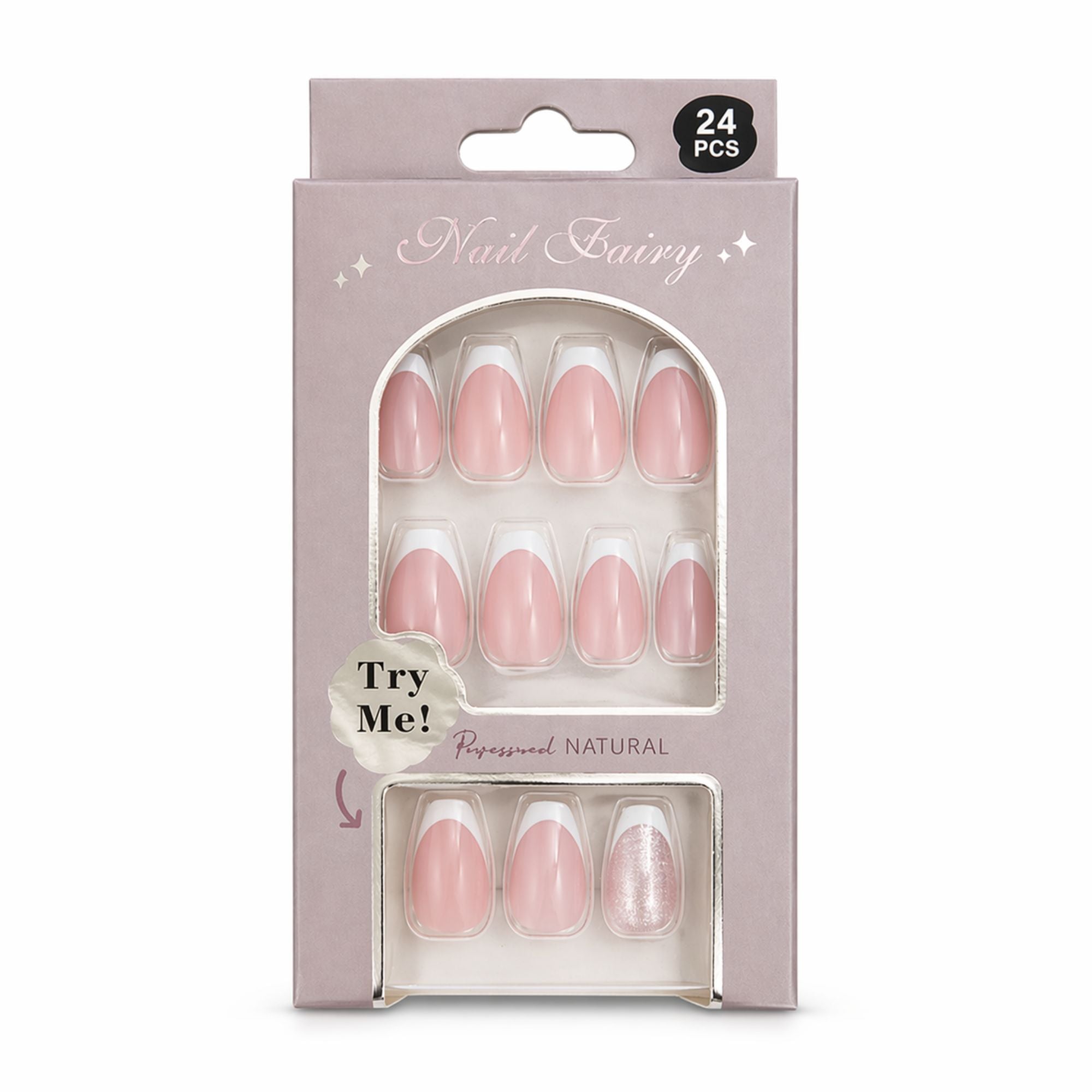 24 PCS Nail Fairy French Tip Pink Artificial Nails Set main product image
