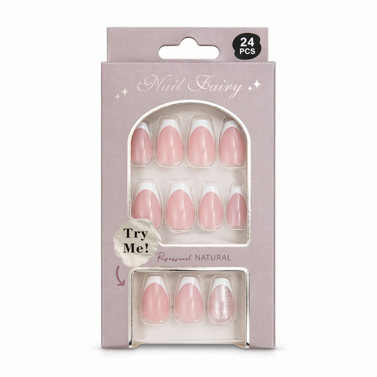 24 PCS Nail Fairy French Tip Pink Artificial Nails Set main product image