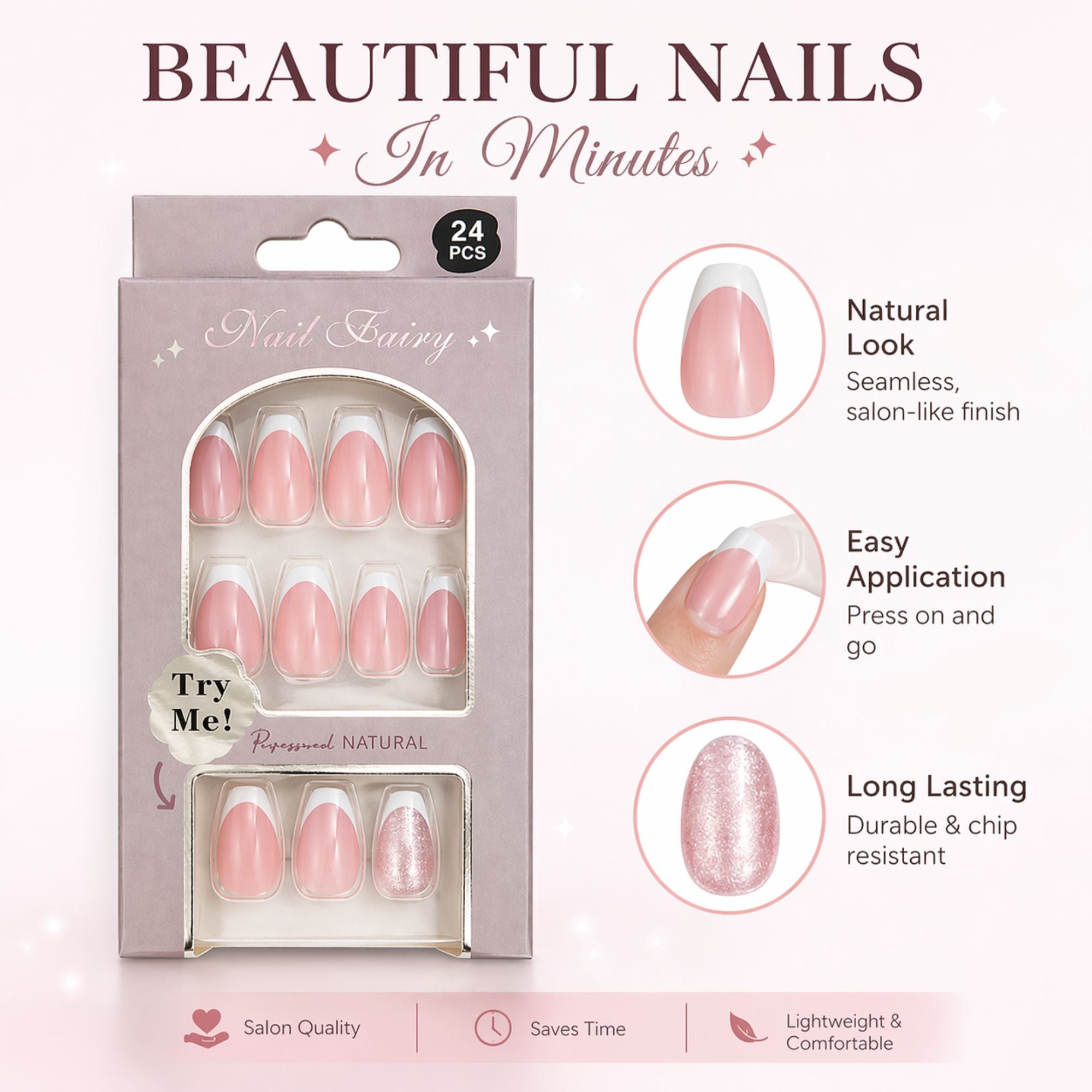 24 PCS Nail Fairy French Tip Pink Artificial Nails Set product detail image