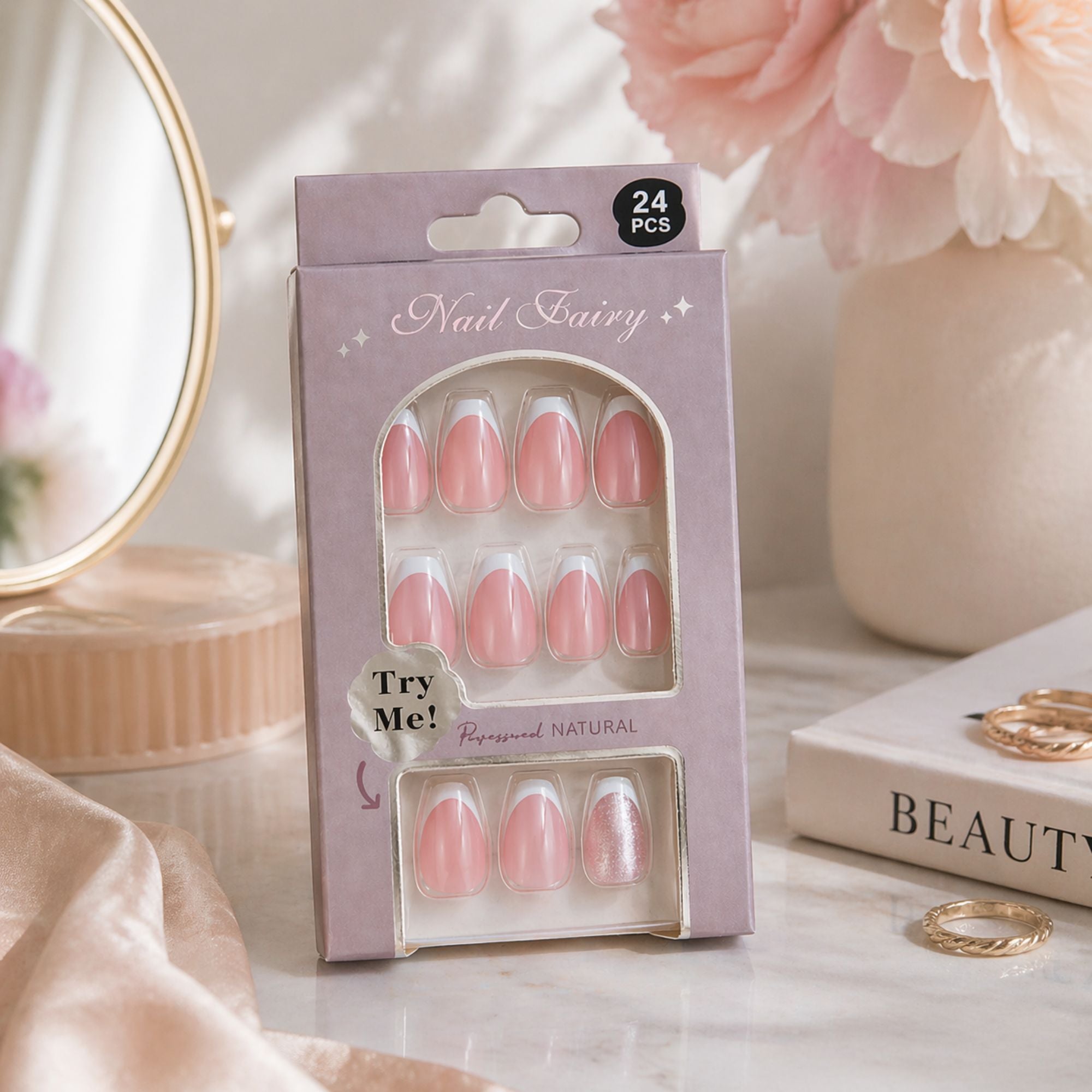 24 PCS Nail Fairy French Tip Pink Artificial Nails Set size and feature image
