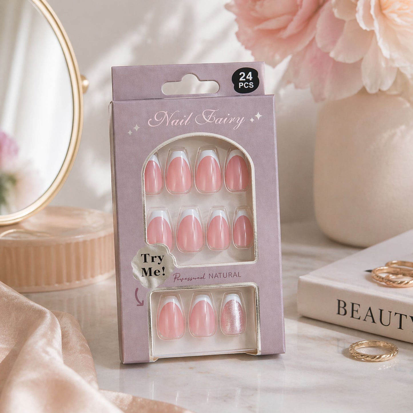 24 PCS Nail Fairy French Tip Pink Artificial Nails Set size and feature image
