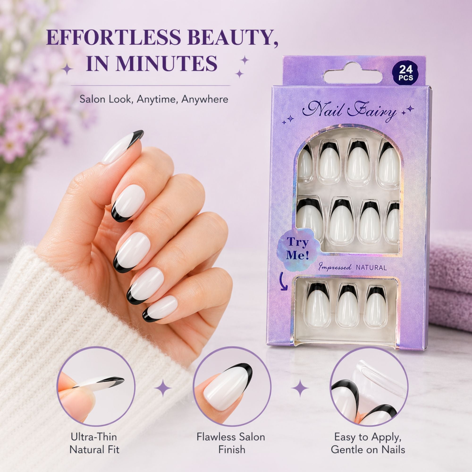 24 PCS Nail Fairy French Tip Press On Artificial Nails Set product detail image